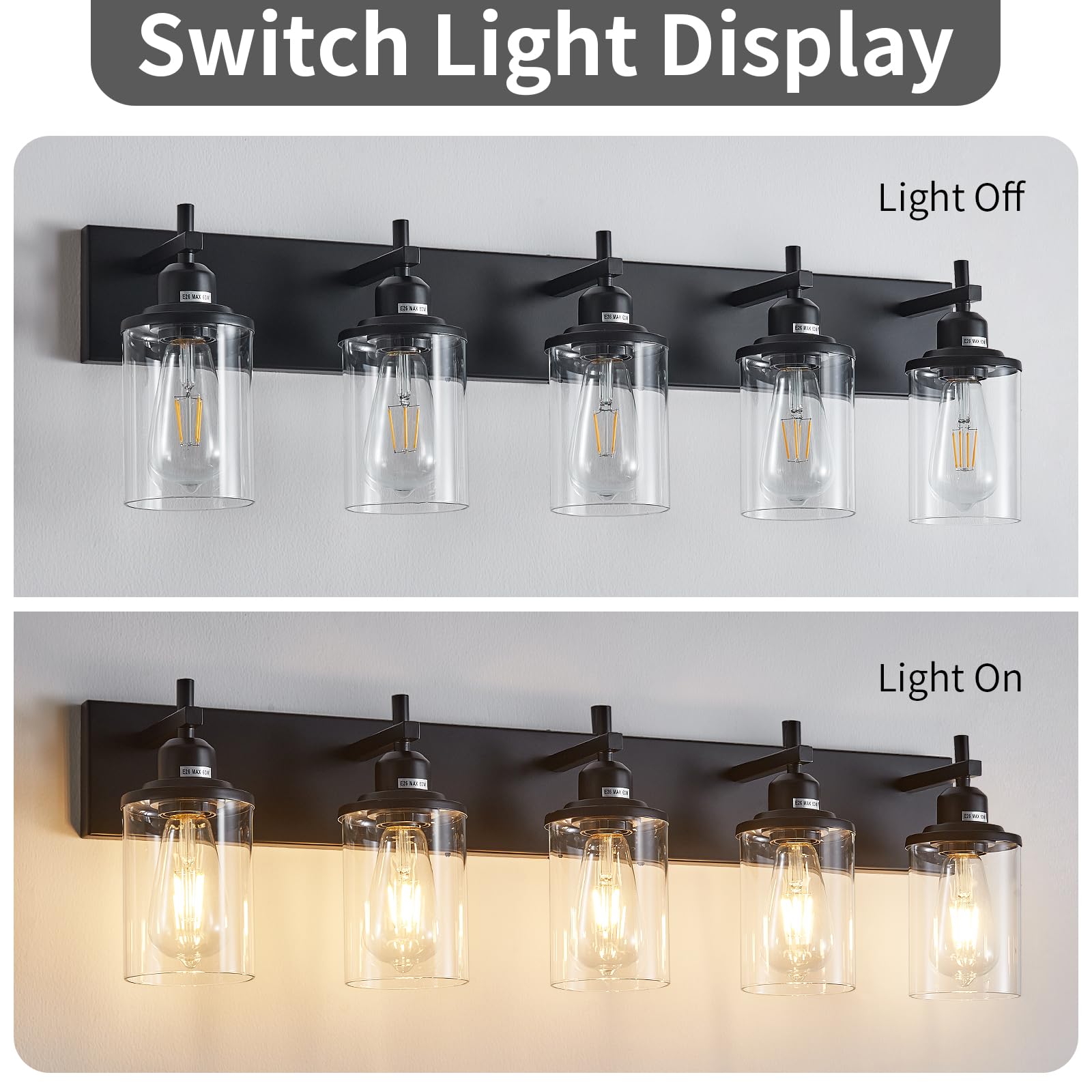 Lanhall 5-Light Black Bathroom Light Fixture Over Mirror Modern Farmhouse Bathroom Vanity Light Vintage Wall Lighting With Clear