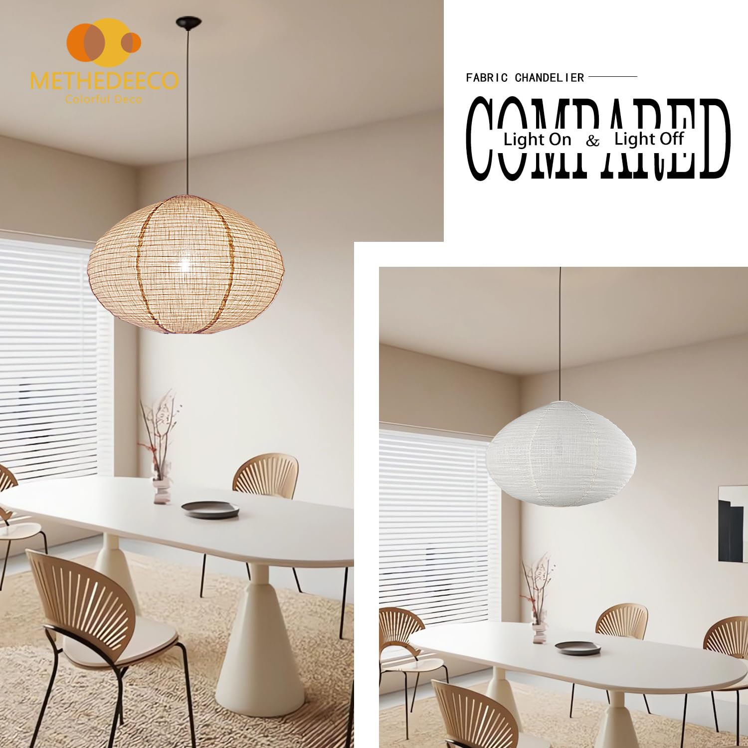 Methedeeco 2Pcs 20Inch Big Diamond Shape Hanging Fabric Lampshade,Paper Lantern,Minimalist Boho White Beige Foldable Linen Pendant Light For Living Room, Dining Room, Bedroom,Showcase Deco And Gift