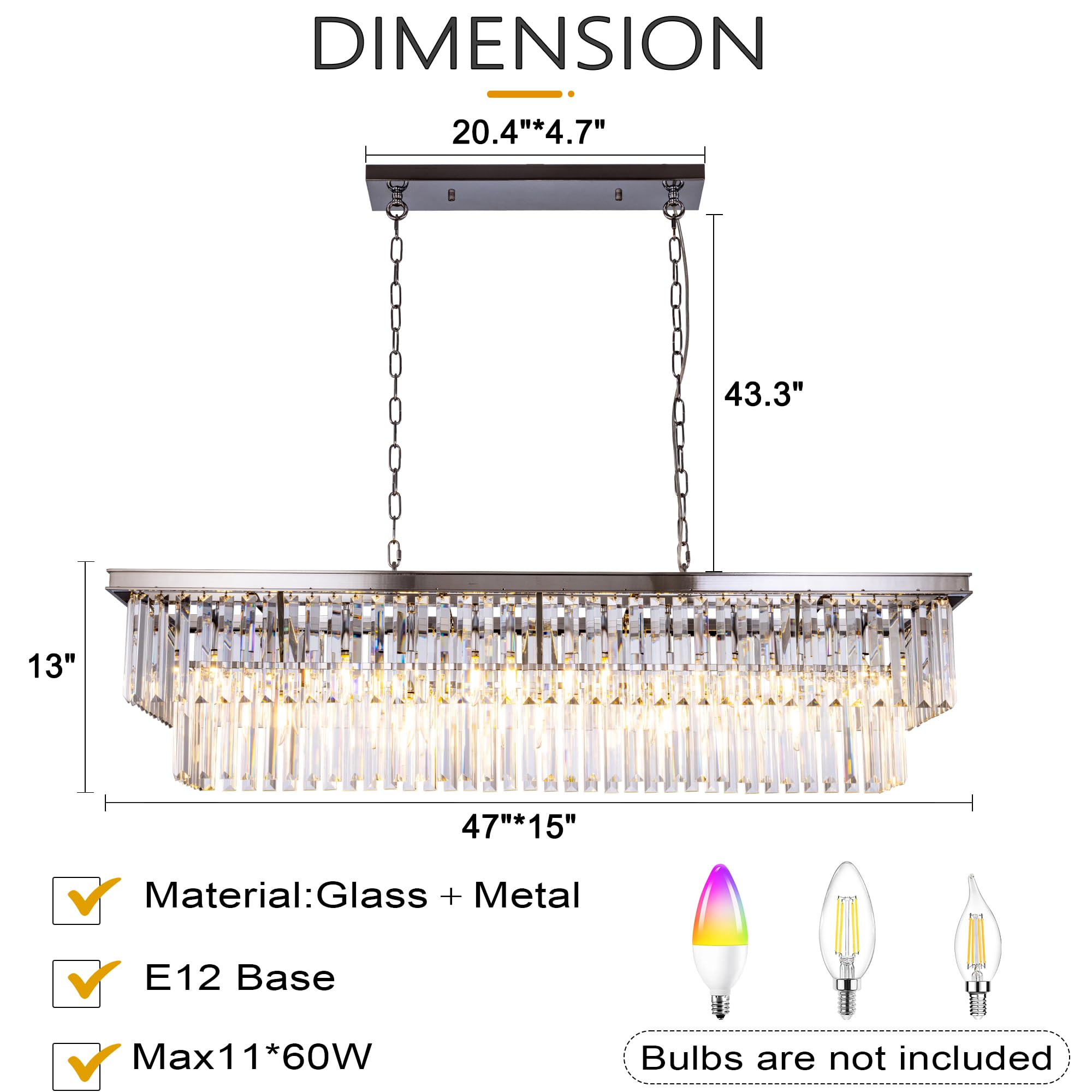 Wellmet 9-Light Crystal Chandelier, 47 inches Chrome, Modern Design for Living Room, Dining Room, Kitchen Island, Model DS-CCL001