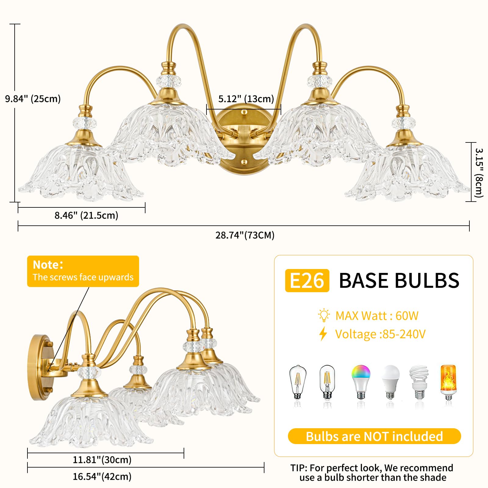 sunkryster 4-Light Gold Bathroom Vanity Light, Floral Glass Shades, Metal, Model Sun-104AB-4-Gold