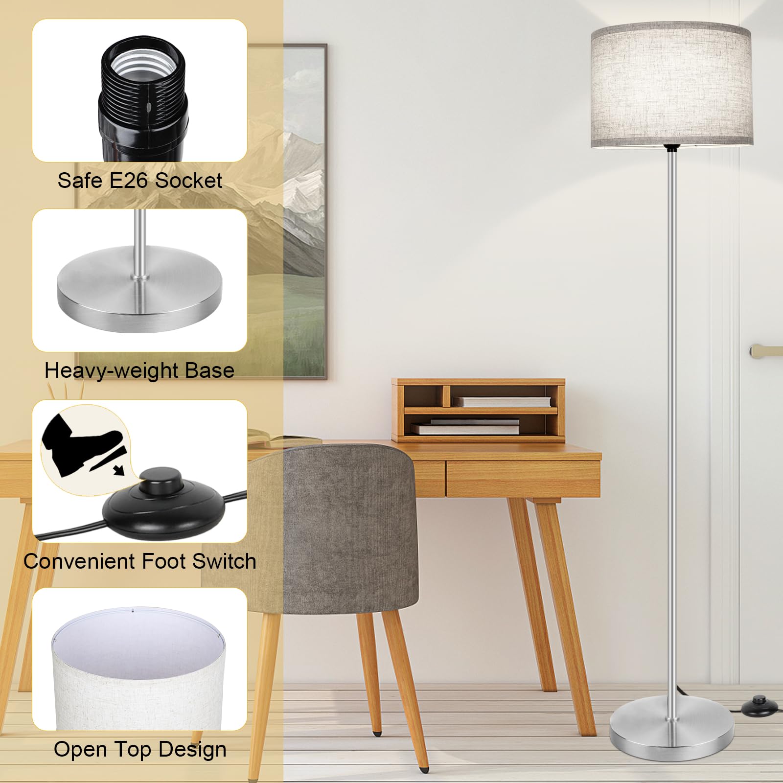 65?Modern Simple Floor Lamp Foot Switch, Silver Standing Lamp For Living Room With 3-Color Changing Led Bulb, Dimmable Led Floor