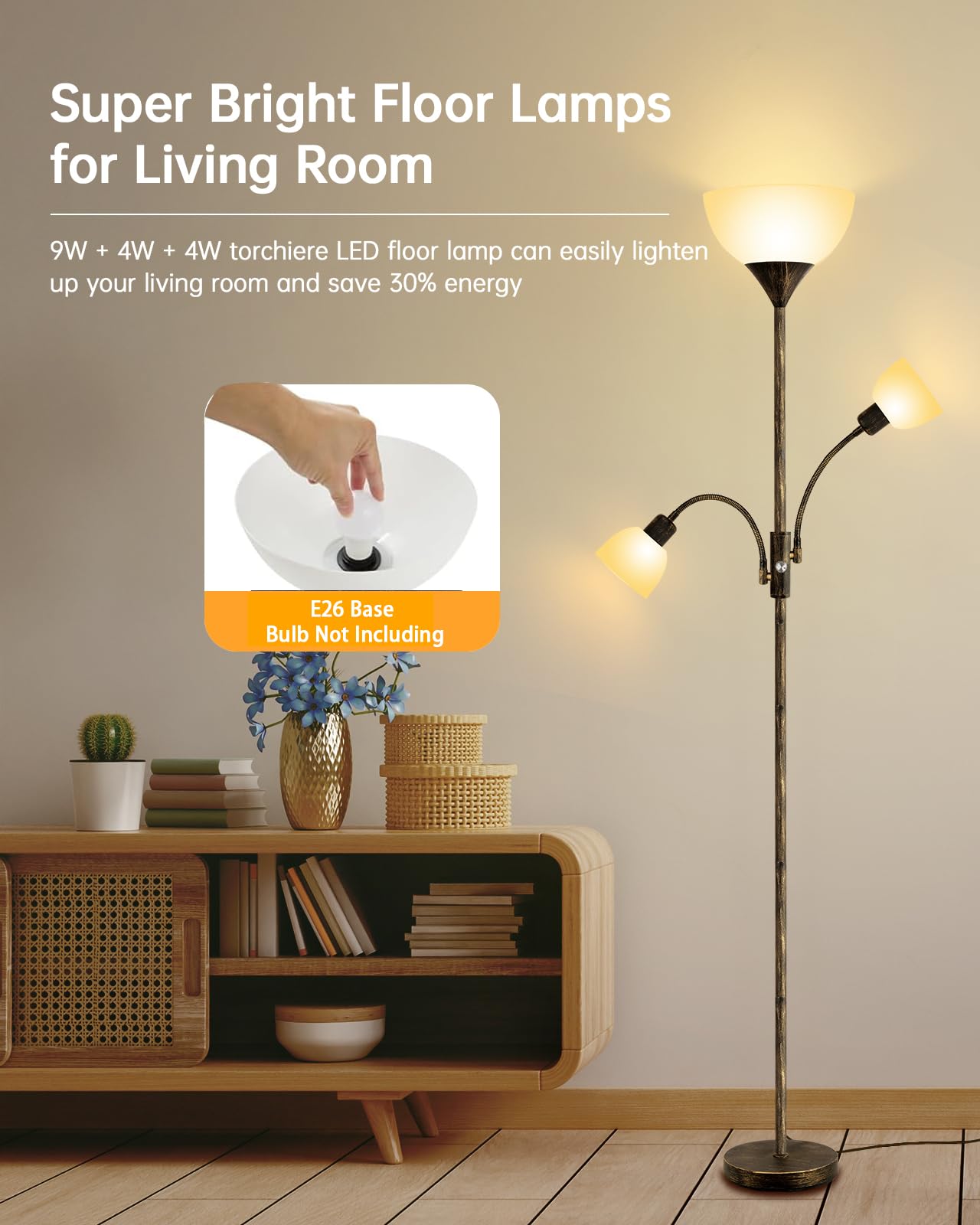 Floor Lamp, Standing Lamp, 71'' Tall Lamps For Living Room, 3 Way Switch, Plastic Lampshade, Torchiere Tree Lamp With Reading Li