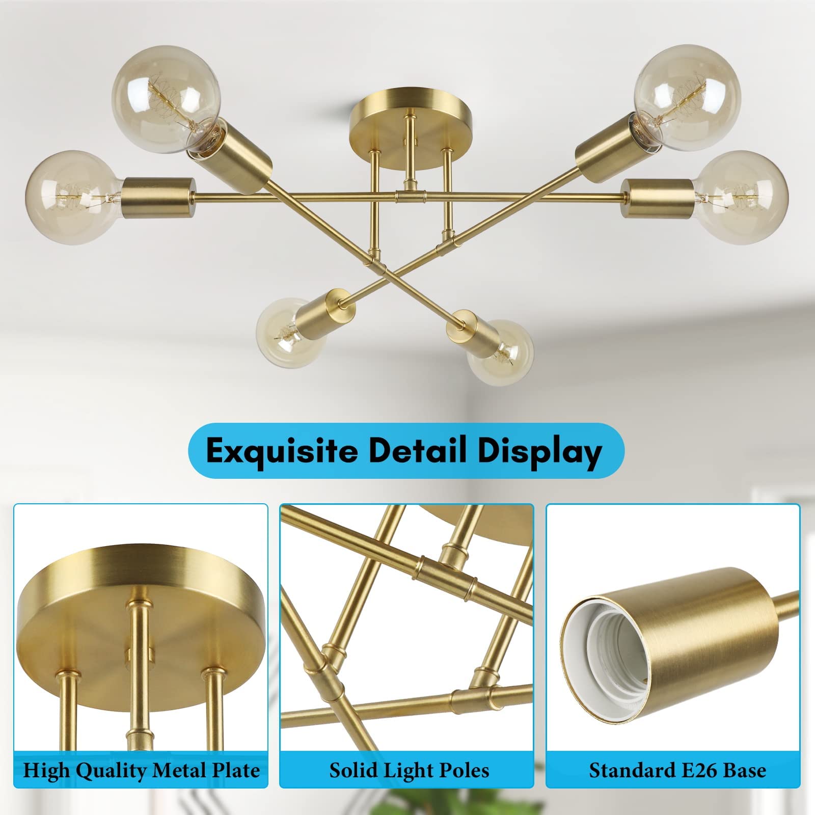 Bosceos Modern Sputnik Chandelier 6-Light Industrial Ceiling Fixture 22in Gold Metal Semi Flush Mount Lighting for Dining Room, Bedroom, Living Room