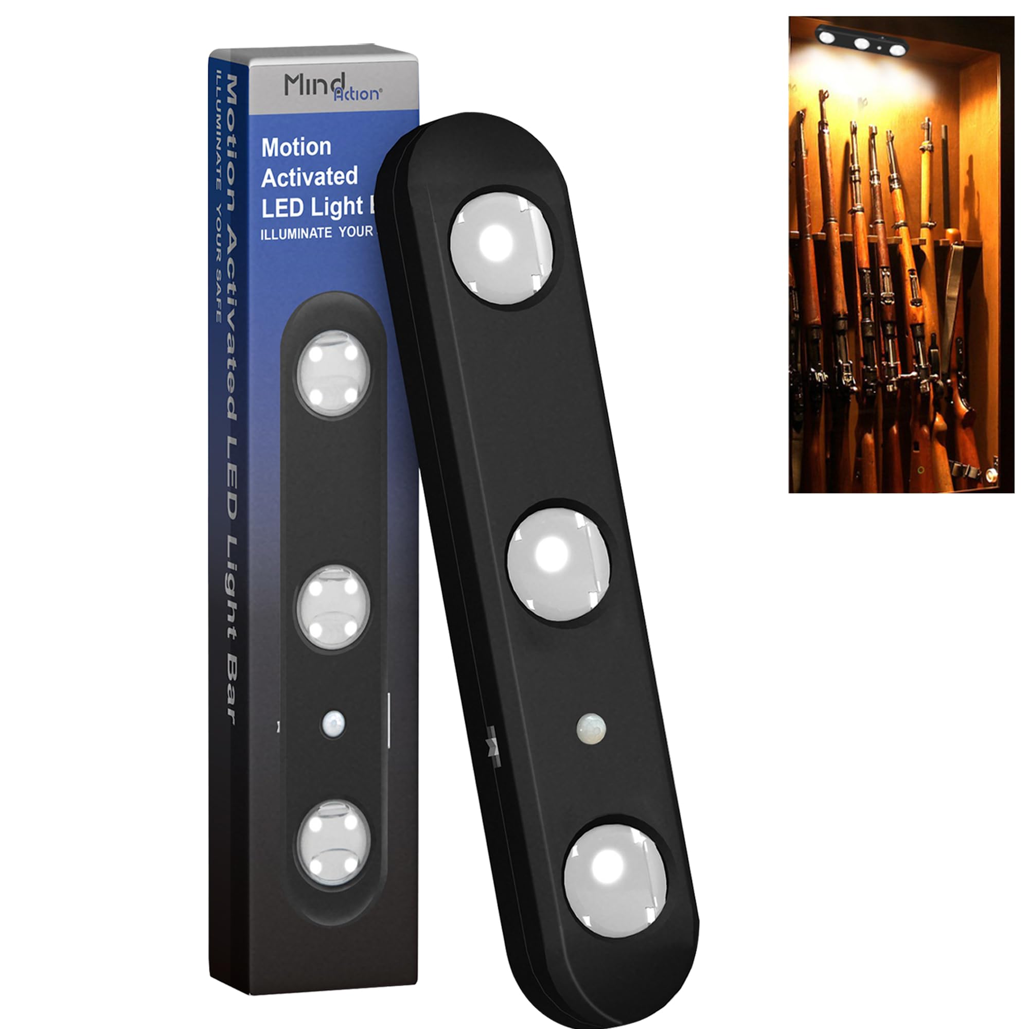 MIND&ACTION LED Gun Safe Light, Motion Activated, Ultra Bright, Battery Powered, Black, Model XW-DJQD-N6PA, 1 Pack