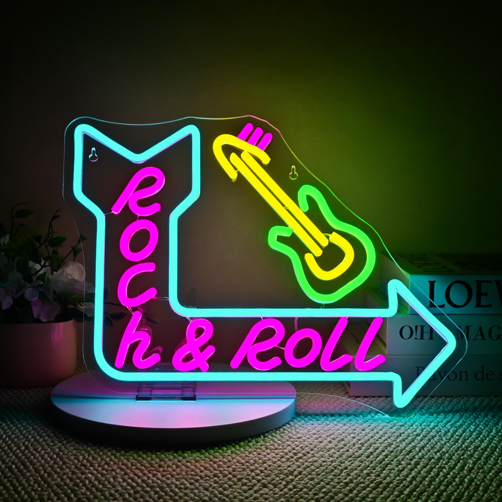 Wanxing Rock Roll Guitar Neon Sign, USB Powered Dimmable LED Wall Decor, 16.14inx12.6in, Colorful Retro Design for Parties and Bars