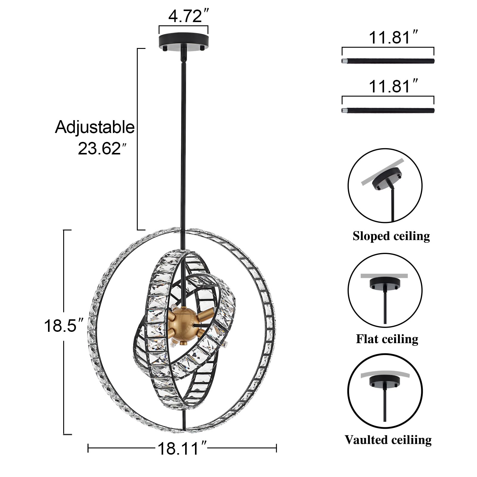 Tacdandm 18" Crystal Globe Sputnik Chandelier, 6-Light Black Gold Modern Adjustable Hanging Ceiling Pendant Light Fixture For Entryway Foyer Stairway Bedroom Dining Living Room Hallway