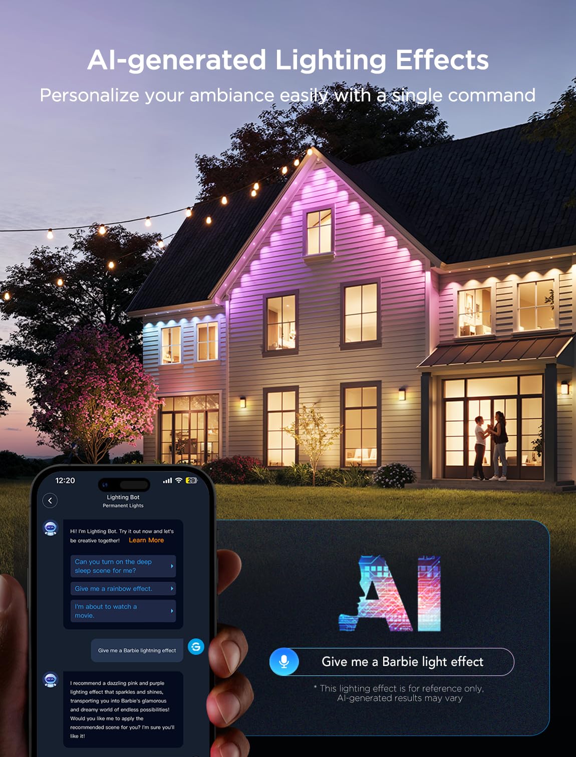 Govee 100ft RGBIC Outdoor Lights, IP67 Waterproof, 72 LEDs, Works with Alexa & Google Assistant, Black, Model H705E