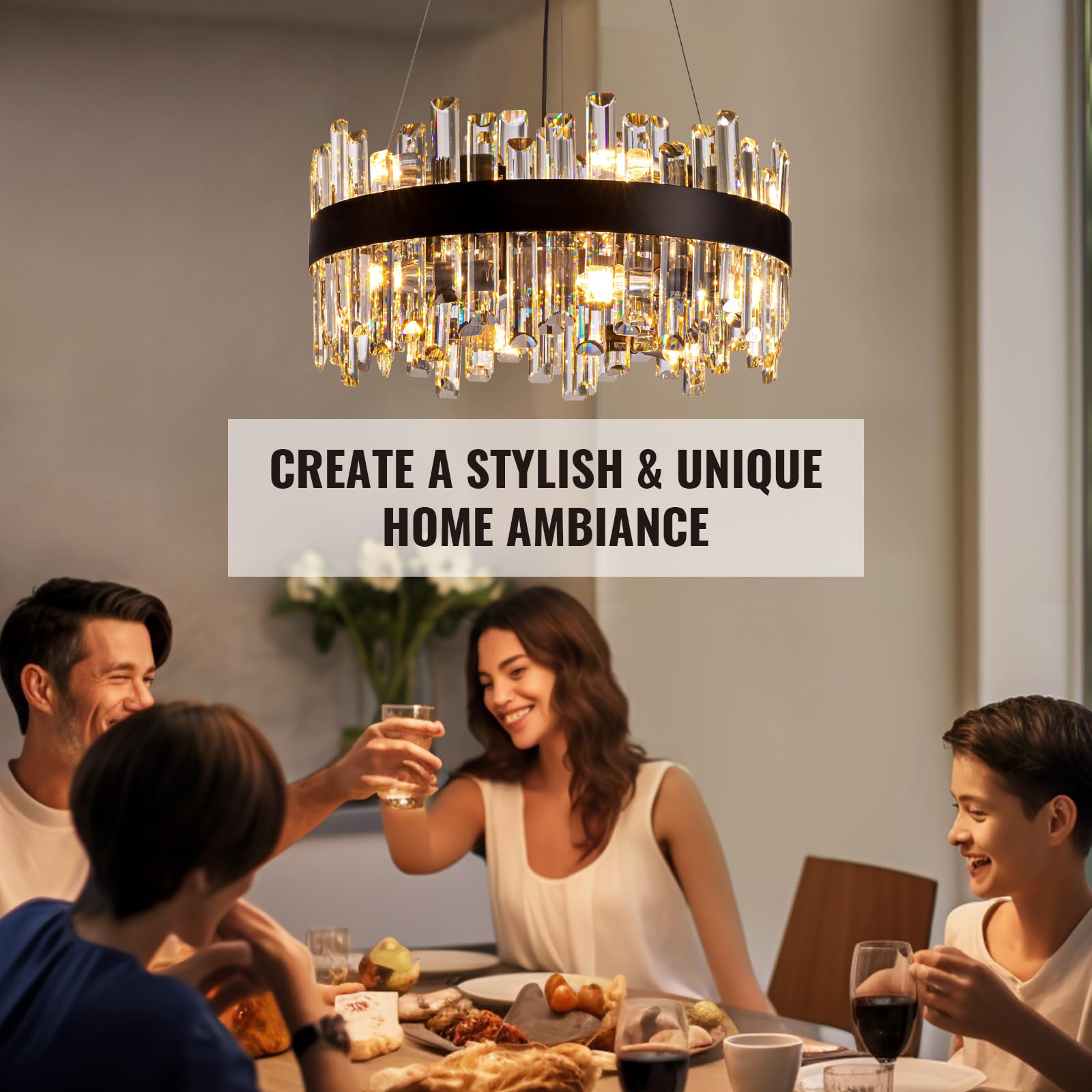 Siljoy Modern Crystal Chandelier, Black Round Semi Flush Mount, 12 Lights, 2 Tiers, D19.7'' for Living Room, Dining Room, Entryway