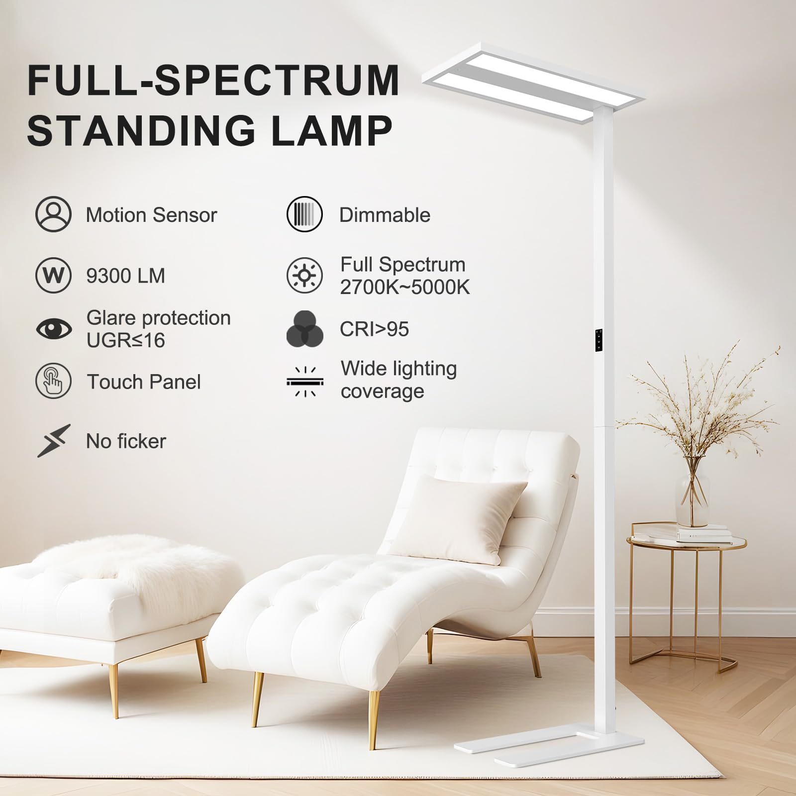 STERREN Motion Sensor Floor Lamp, 100W LED, 9300LM, 2700K-5000K, Modern Design for Living Room, Study, Bedroom - White-Motion Sensor