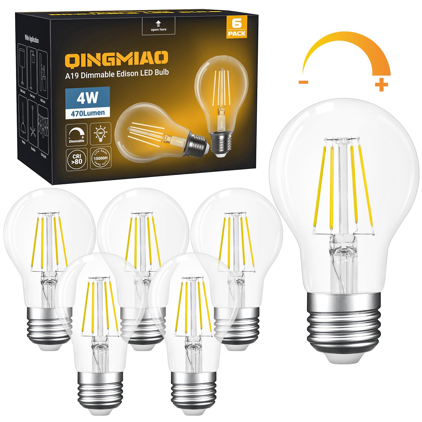 A19 E26 Base Dimmable Edison Led Bulb, 4W(40 Watt Equivalent) Stepless Dimming Light Bulbs 400Lm, 5000K Daylight White, Vintage 