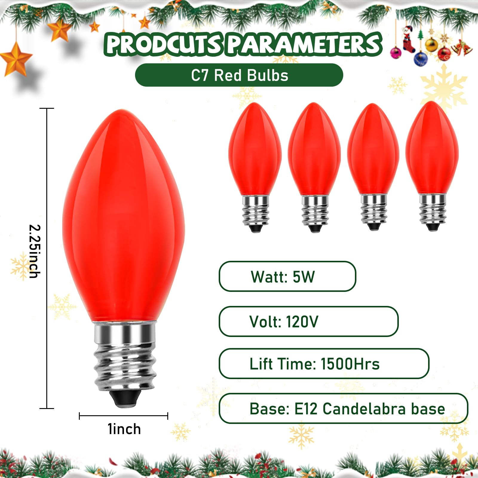 Doratale 25 Pack C7 Red Christmas Light Bulbs, 5W Incandescent, Ceramic Opaque for Indoor/Outdoor Decoration