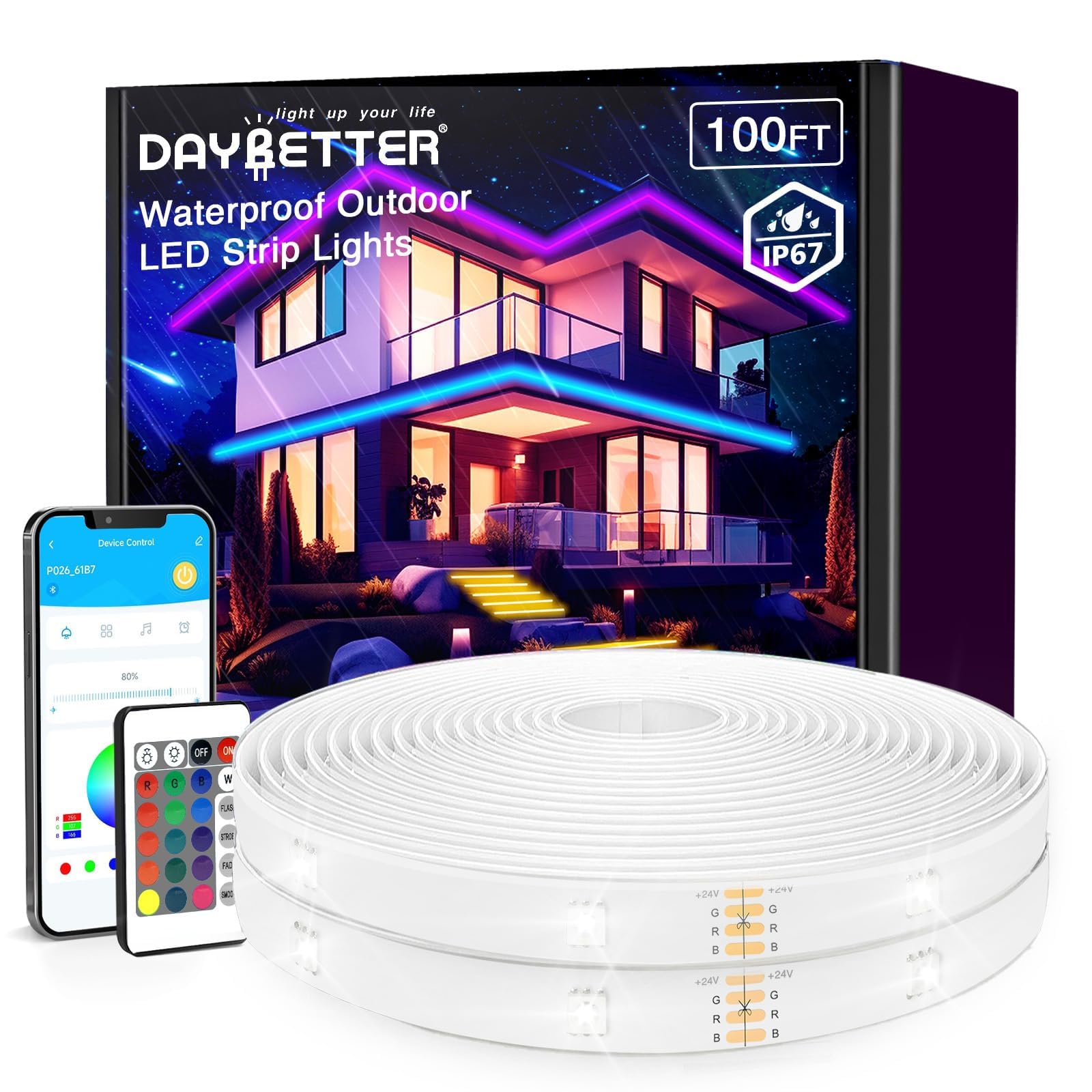 Outdoor LED Strip Lights Waterproof 100ft, IP67 Waterproof LED Light Strips with Remote, Music Sync APP Control, RGB Color Chang