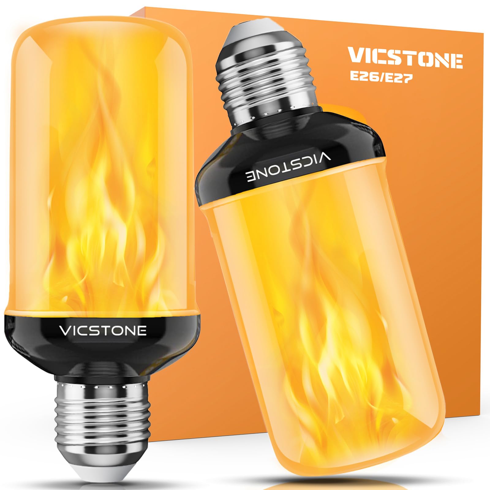 Vicstone LED Flame Light Bulbs, 4-Mode Flickering Effect, E26, 2 Pack, Plastic