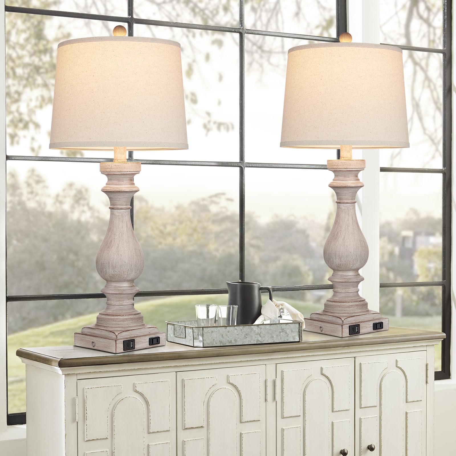 Cinkeda 29" Vintage Table Lamp Set of 2, Gray Resin with USB Ports & AC Outlet, 3-Way Dimmable Touch Control, Model TD-CK-207