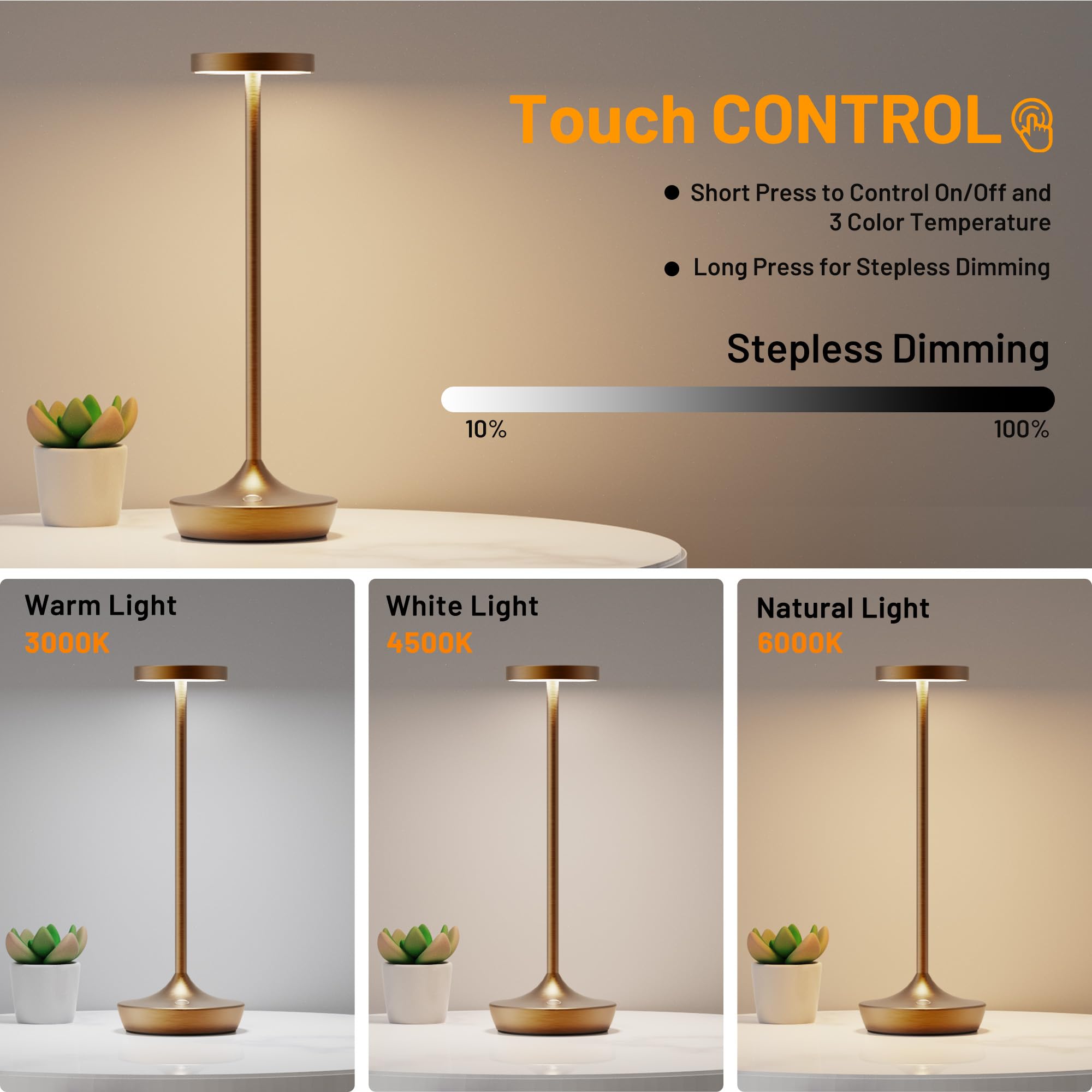 YHT Cordless Table Lamp, Rechargeable LED Desk Lamp, 6000mAh, Waterproof, 3-Color Touch Dimmable, Bronze 2P, Model X86