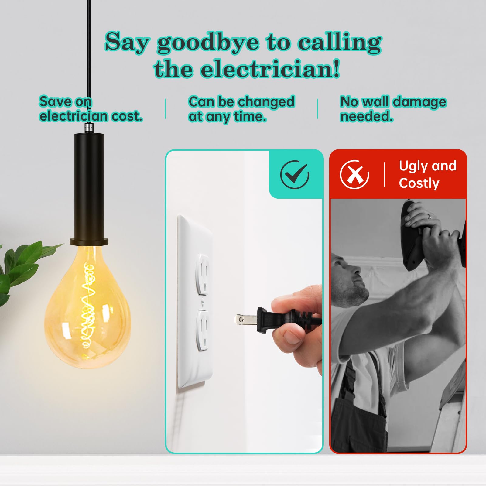 Amdtu Hanging Lights With Plug In Cord Black, 15Ft Plug-In Pendant Light Fixtures,Hanging Lamp Cord With Switch On Off For Livin