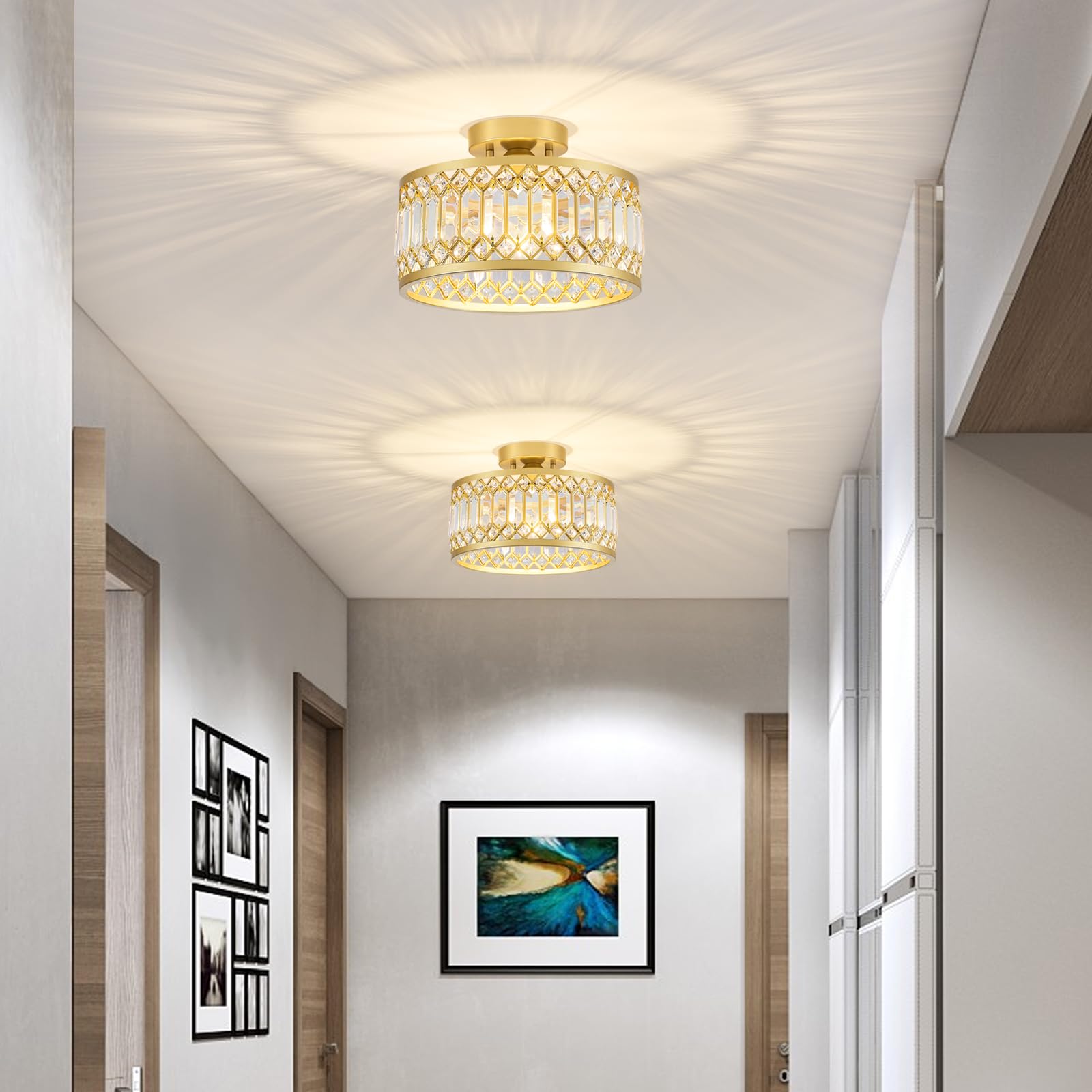 Yurnyq Crystal Ceiling Light Fixture, Modern Semi Flush Mount Ceiling Light, Gold Lighting Fixtures Ceiling Lamp For Hallway, Ki