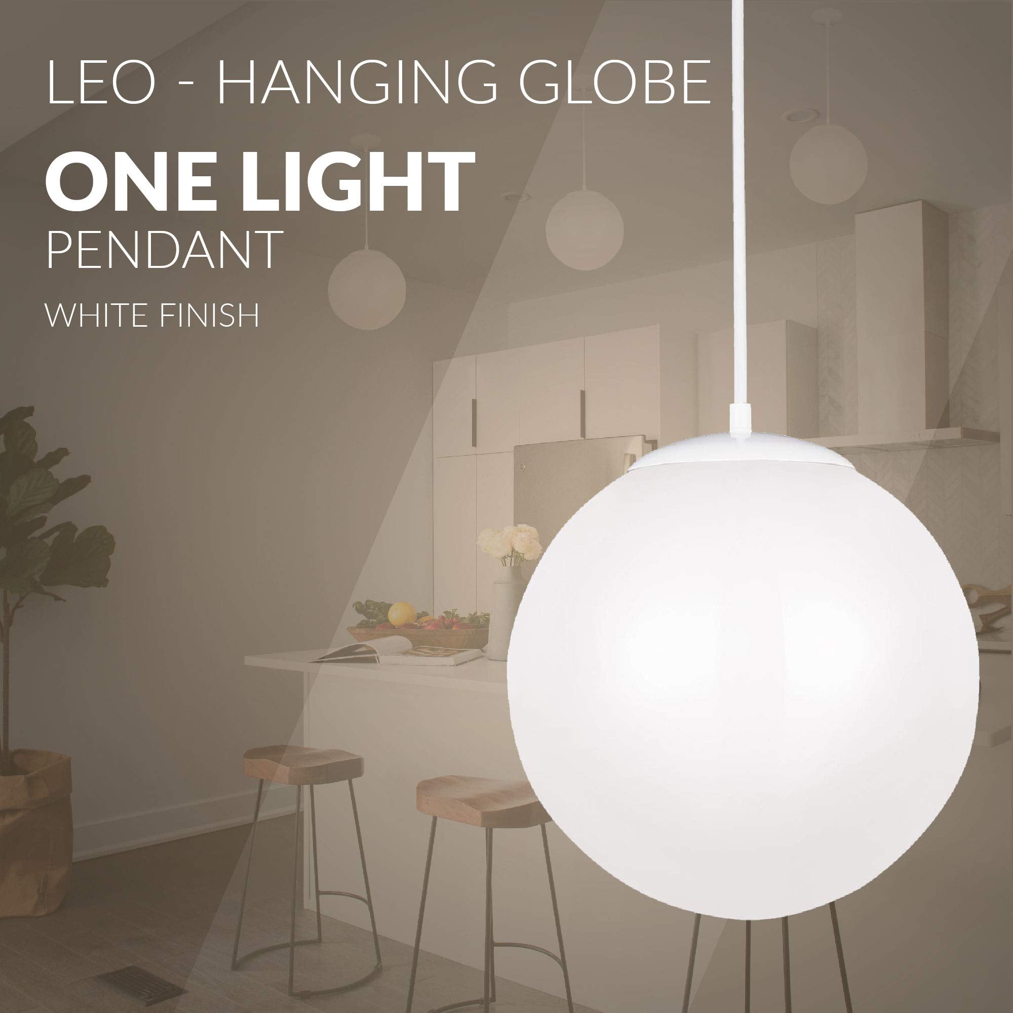 Sea Gull Lighting Leo Globe Pendant Fixture, One-Light, Glass, White, Model 6020-15