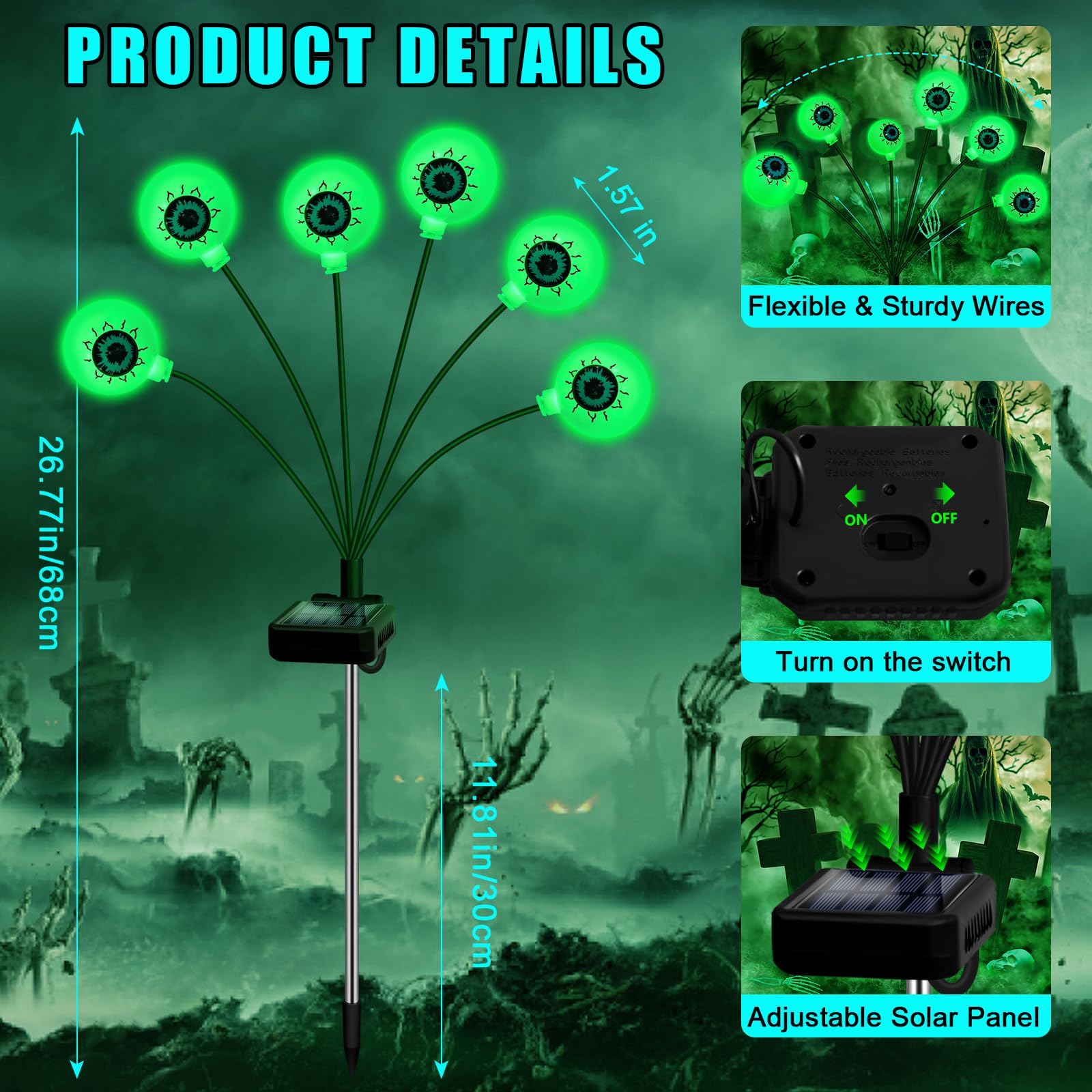 Nbqq Solar Halloween Decorations, 4 Pack 24 Led Spooky Eyeball Lights, Green Eyeball Swaying Firefly Lights,Waterproof Solar Halloween Path Lights For Yard Garden Lawn Party Decor