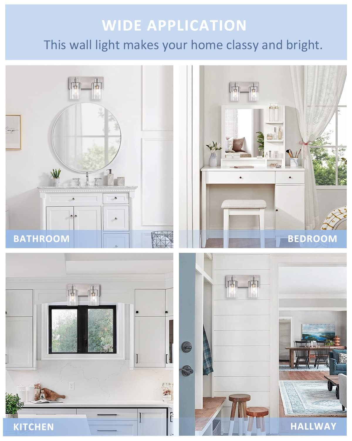 Chosenior Bathroom Light Fixtures, 2-Light Brushed Nickel Bathroom Vanity Light, Modern Wall Sconces With Clear Glass Shade For