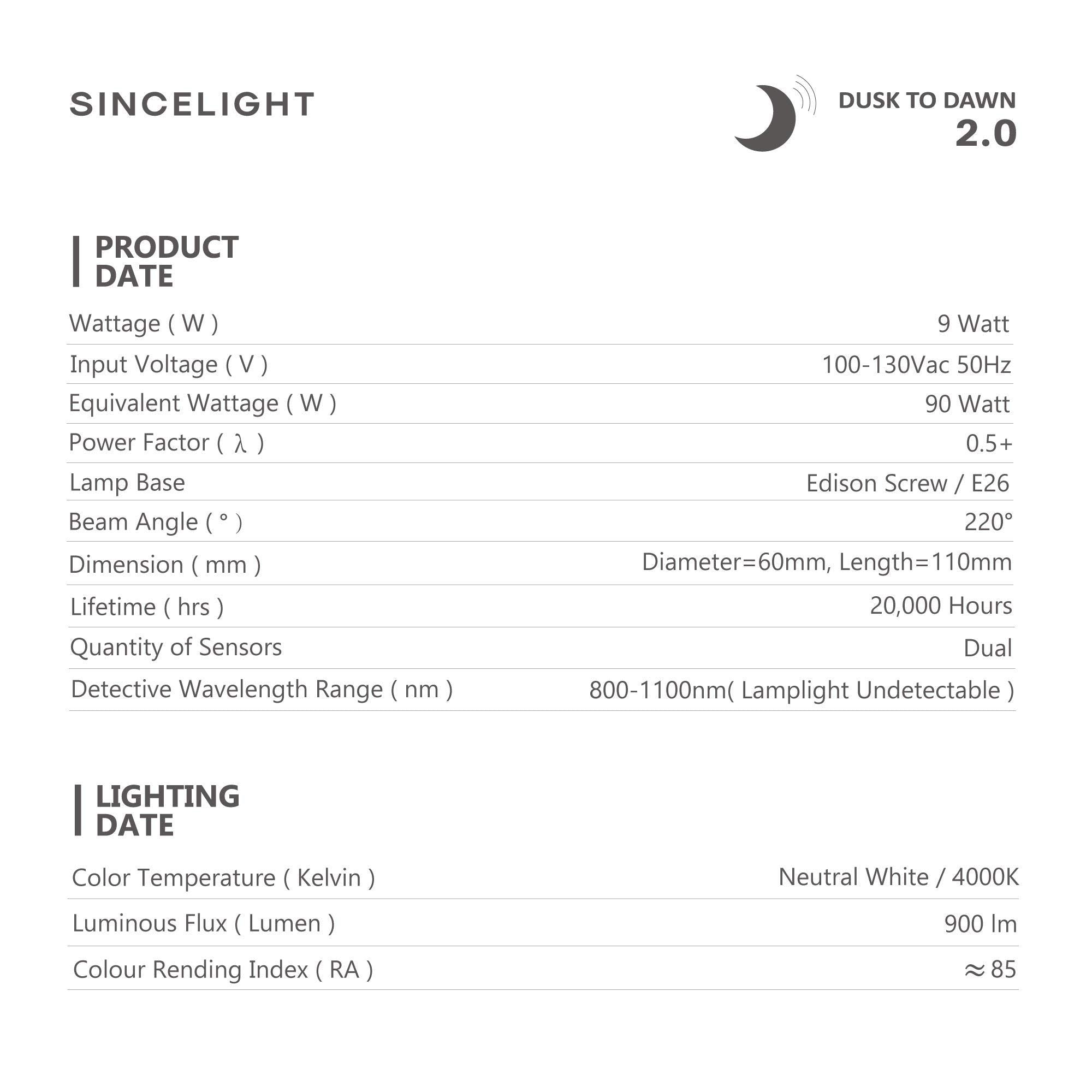 SINCELIGHT Dusk to Dawn LED Bulb, 9W, 4000K Neutral White, E26, Pack of 4, Automatic Daylight Sensor, Model SL-A19E