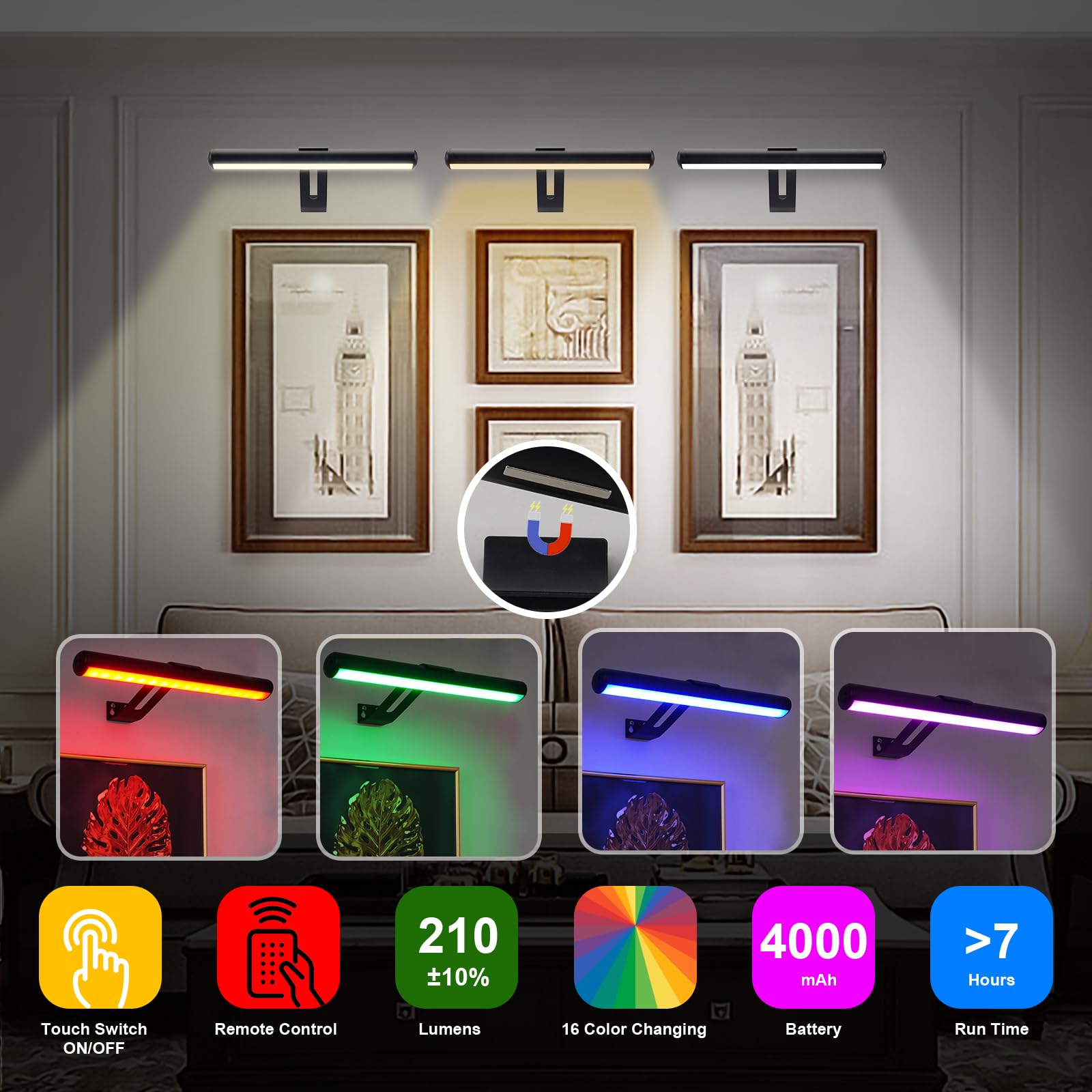 ZOCALOK Wireless Picture Light - 48 LED, 16 Color Options, Remote Control, Metal, 12-Inch, Black