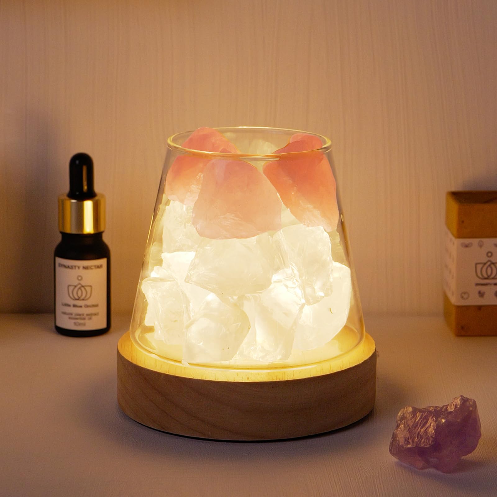 Runyangshi Rose Quartz Clear Quartz Night Lamp Natural Healing Crystal Atmosphere Lamp with Remote Control Bedside USB Port 7 Co