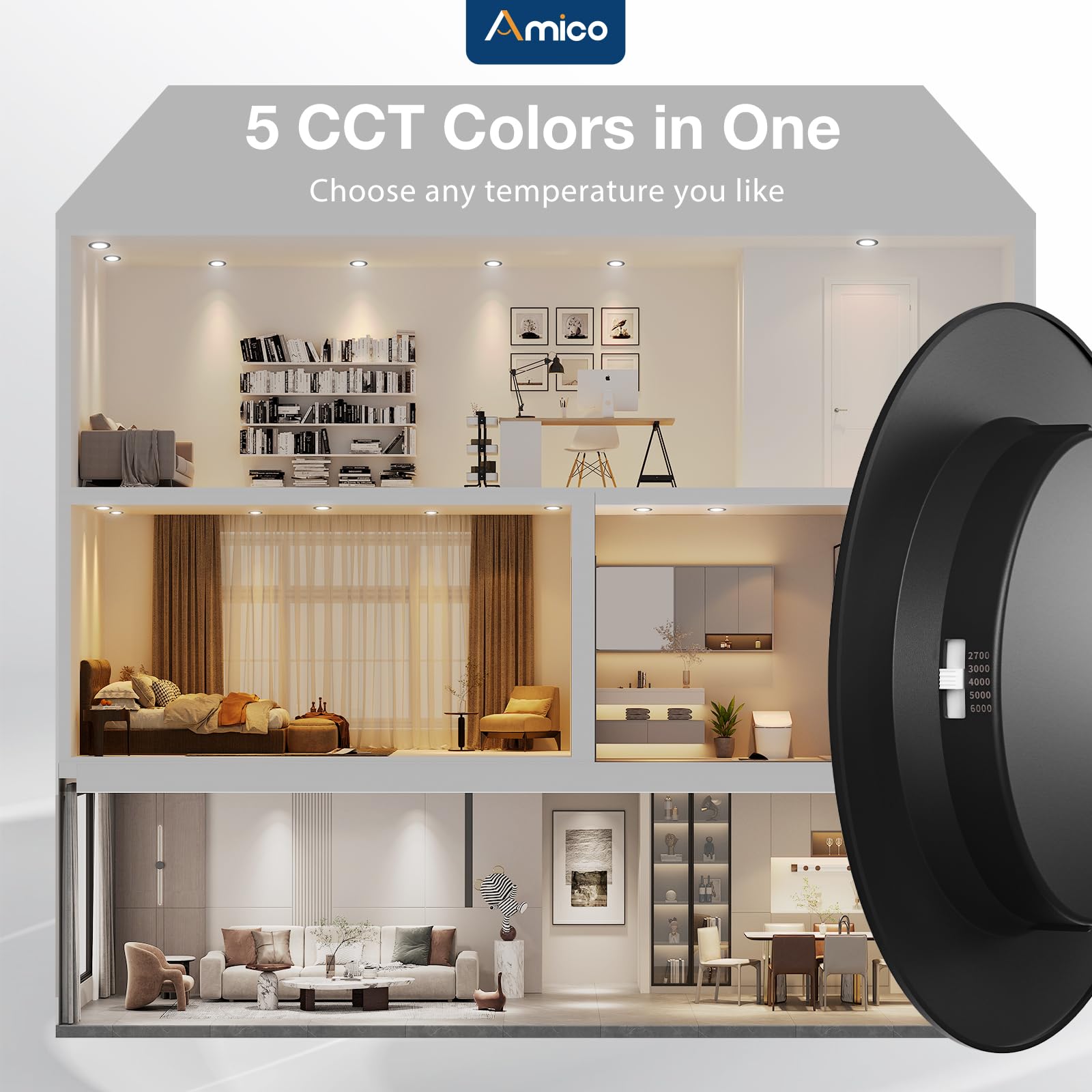 Amico 5/6 Inch Recessed Lighting - 12 Pack, 5CCT LED Can Lights, 1050LM, Black, Model DLB01-D610T-1000