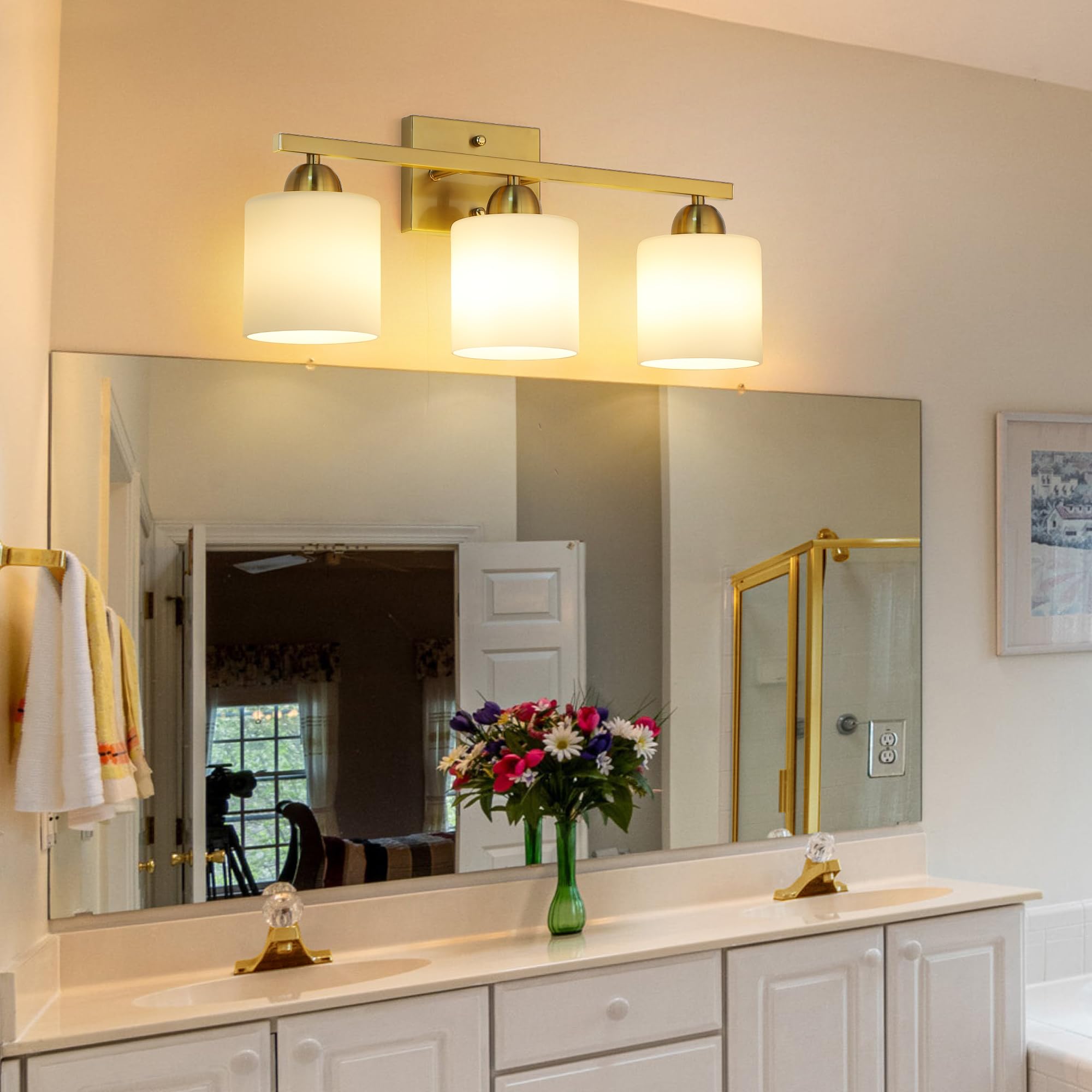 Mecgirn Stainless Steel Milk Glass Bathroom Vanity Light Over Mirror, 3 Light Brushed Gold Bathroom Light Fixtures With Frosted