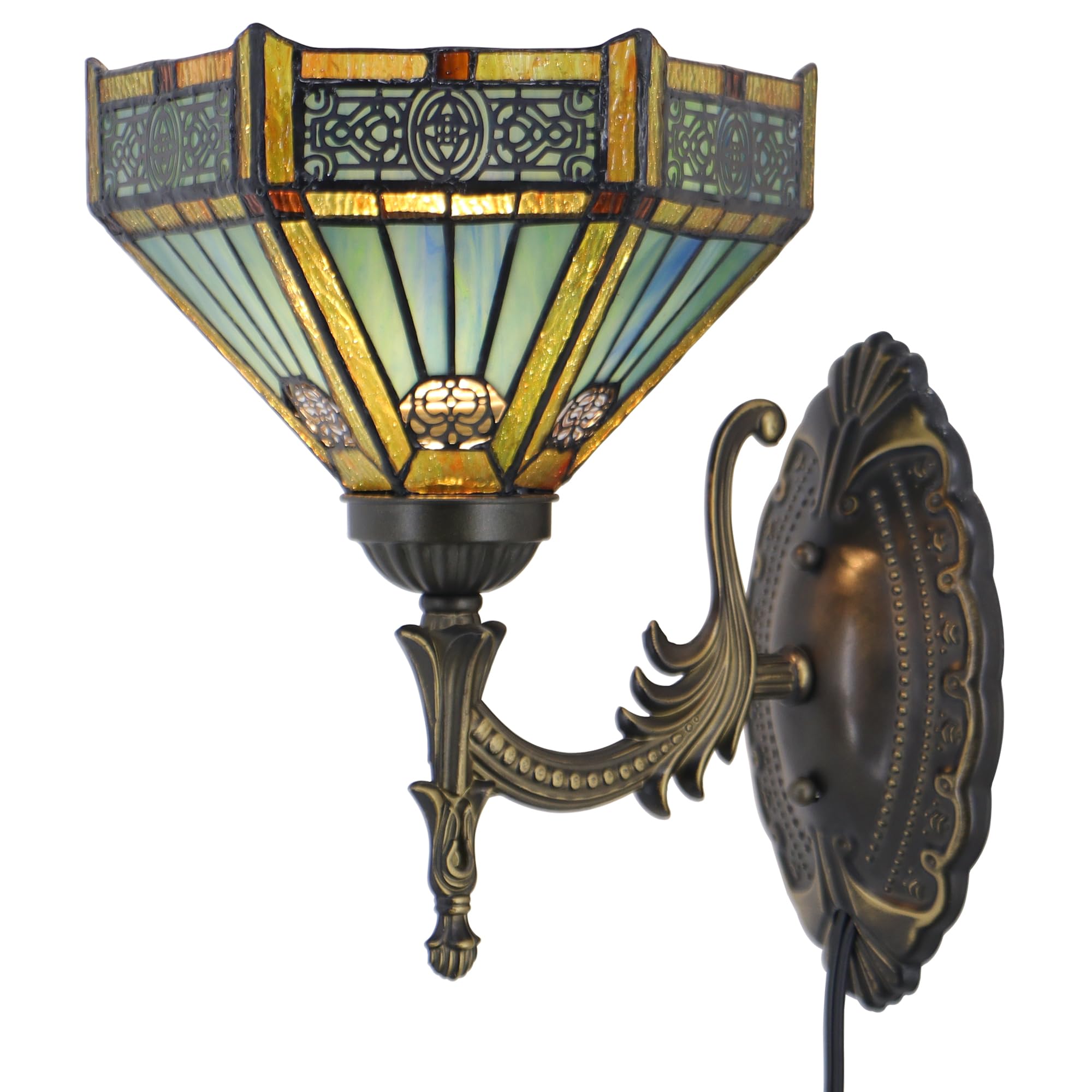 HZYFFYU Tiffany Wall Sconce Lamp Plug in with 8 inch Stained Glass Lampshade 8X10.5X11 Inch Stained Glass Wall Lamp (Hexagon Mis