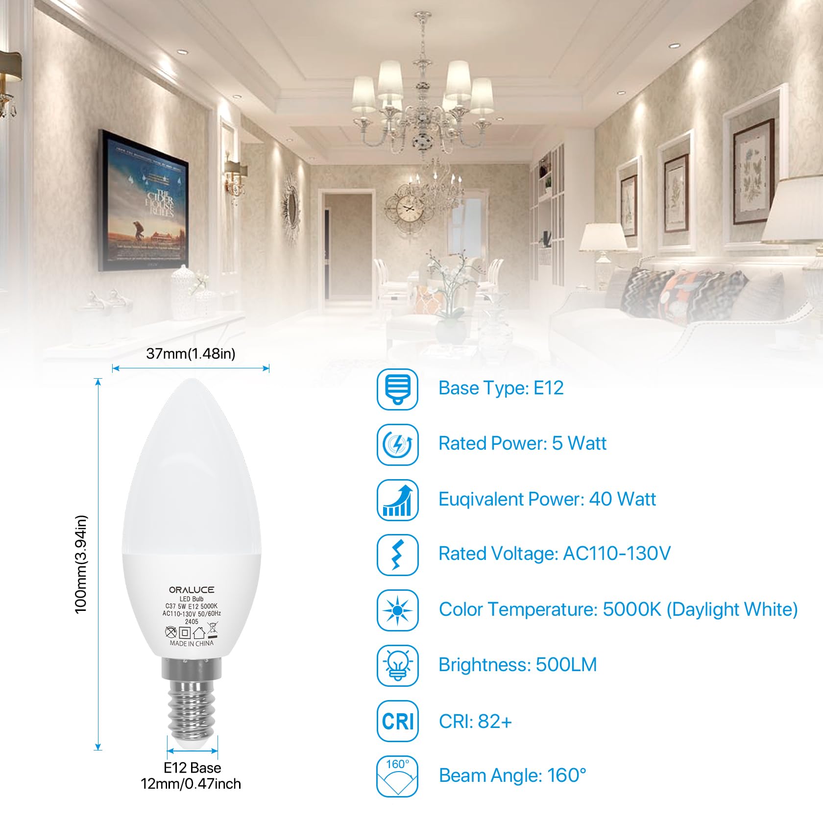 Oraluce E12 Led Bulb 40 Watt Equivalent, 5000K Daylight White Candelabra Led Light Bulbs Non-Dimmable, Chandelier Light Bulbs Ty