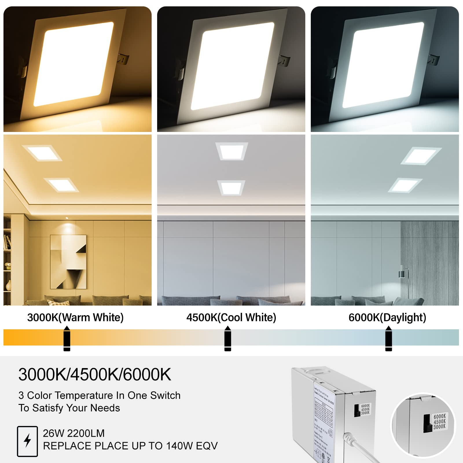 11 Inch 26W Square Led Recessed Light, 3 Color Temperature Selectable & Dimmable Lamp, 2200 Lumens Ultra Thin Led Canless Downlight Lighting With Junction Box For Living Room Kitchen Bedroom…
