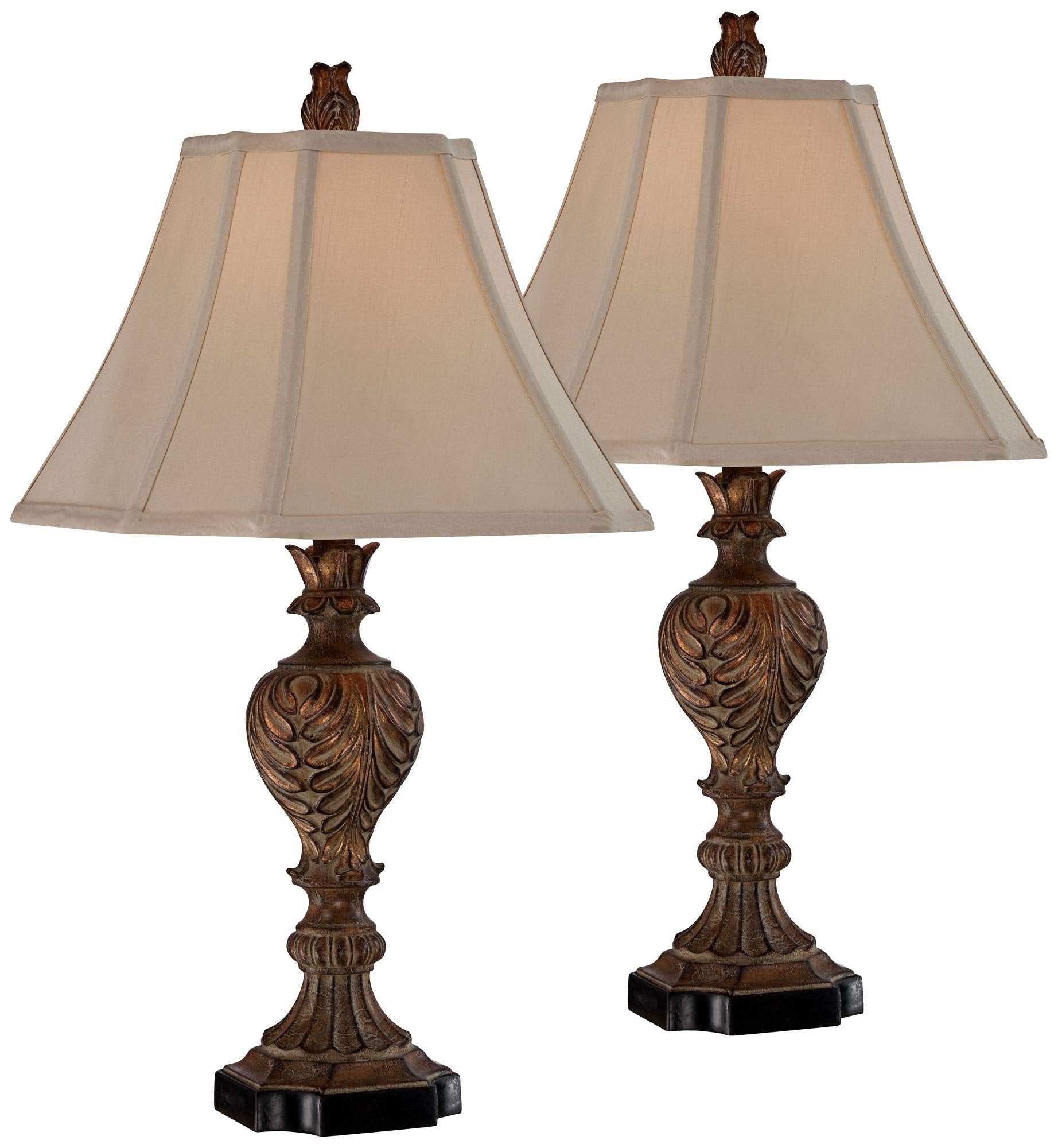 Regency Hill Regio Traditional Rustic Table Lamps 25.5'' High Set of 2 Deep Espresso Aged Brown Leaf Tan Fabric Square Bell Shad