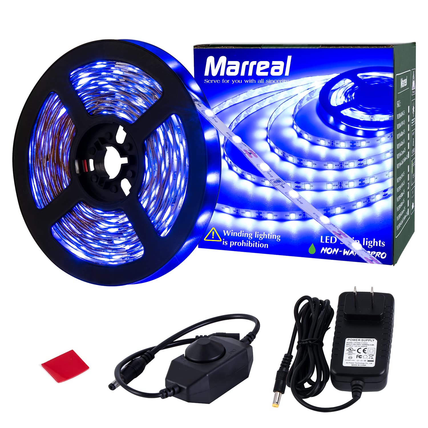 Marreal 12 Volt 20Ft Blue Led Strip Lights, Non-Waterproof 360 Leds Blue Led Lights For Bedroom, Shops, Christmas, Halloween.