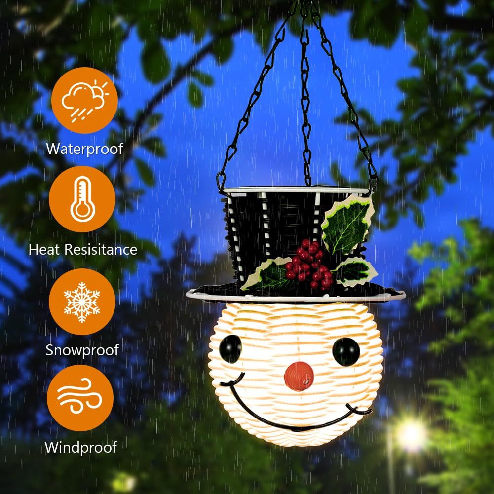 Snowman Hanging Solar Lantern Christmas Outdoor Decorations Yard Rattan Outdoor Lanterns For Patio Waterproof Holiday Solar Powered Lights For Garden Tree Decor