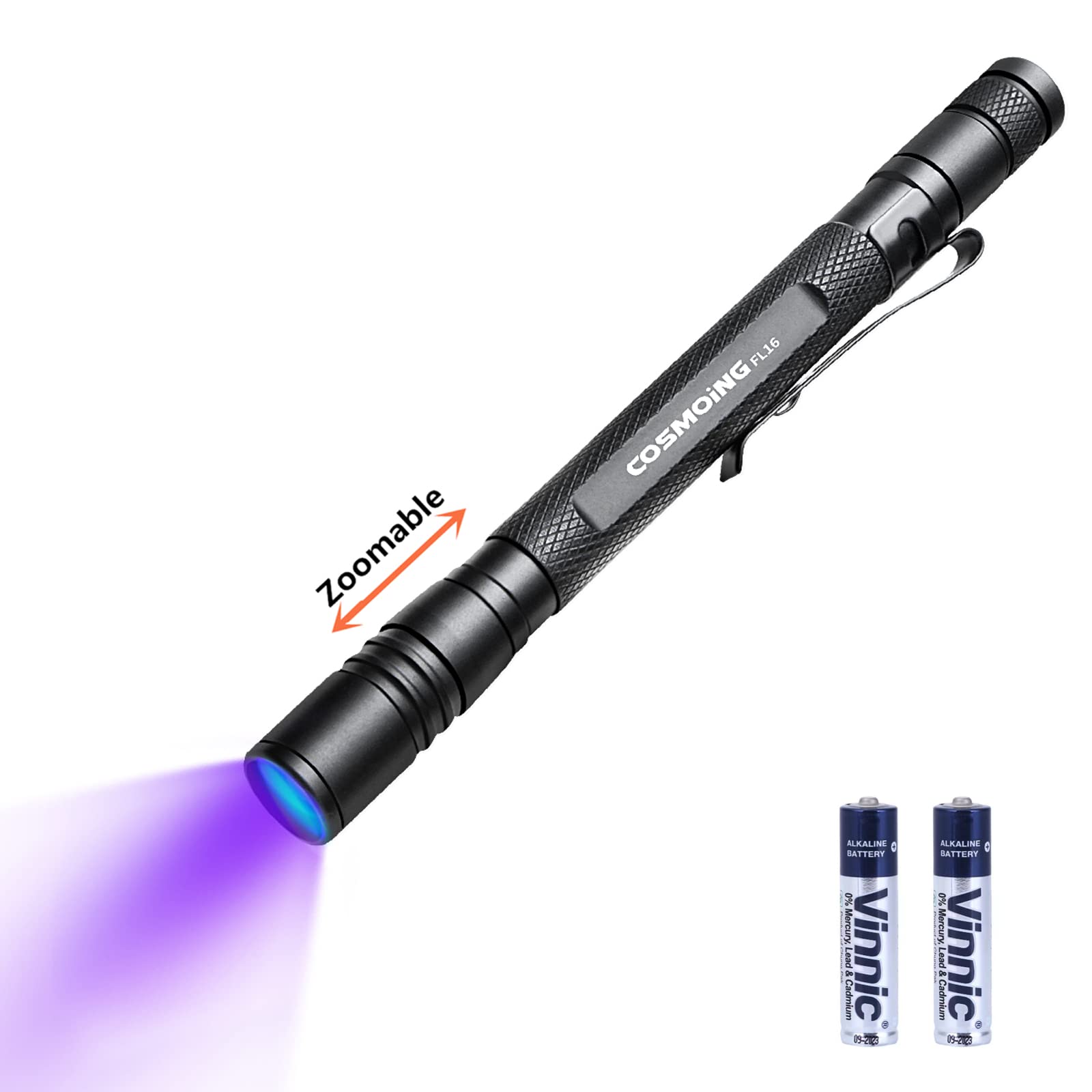 COSMOING UV Flashlight - 395nm Zoomable Blacklight with 2xAAA Battery, Aluminum, Ideal for Pet Urine Detection, Bed Bugs, Household Use