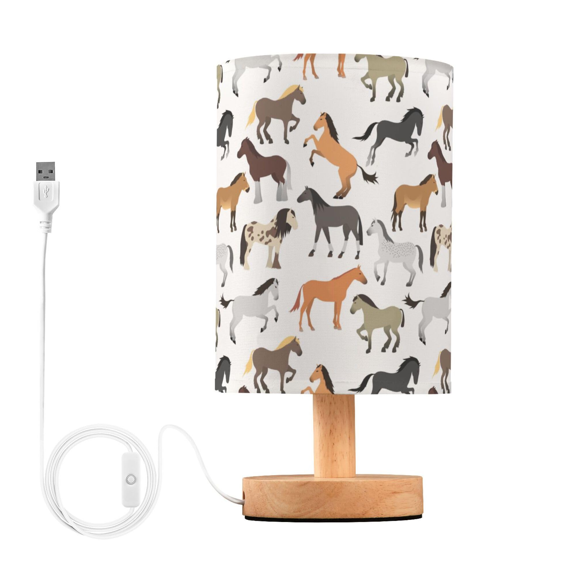 YYZZH Table Lamp Horse Pattern Wild Animal Nightstand Lamp with Wood Base Fabric Lamp Shade Bedside Desk Lamp for Living Room Be