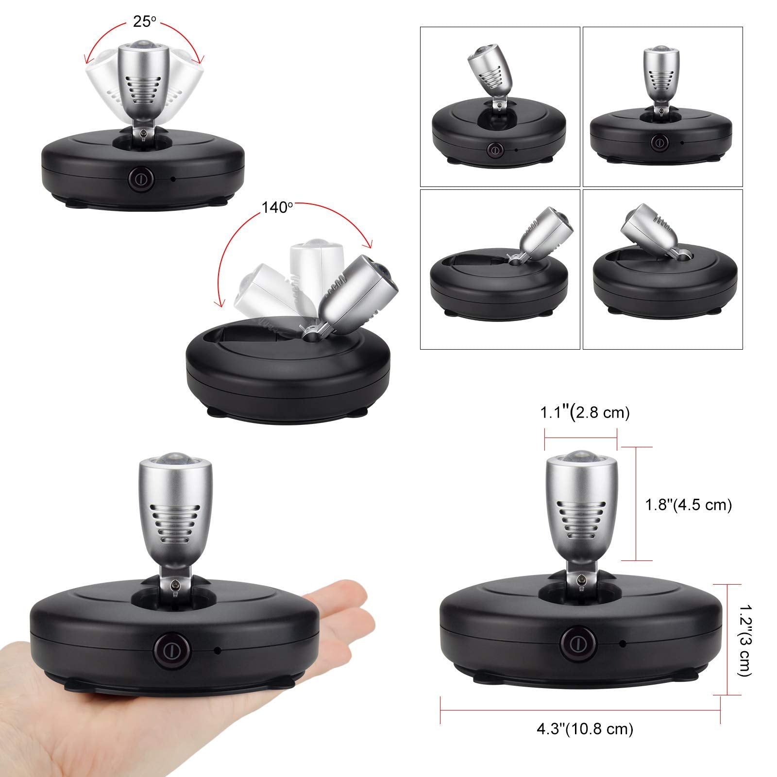 LUXSWAY Mini Accent Spotlights, Battery Operated LED Puck Lights, 12 Color Changing, Dimmable, Black+Silver Head, 2 Pack