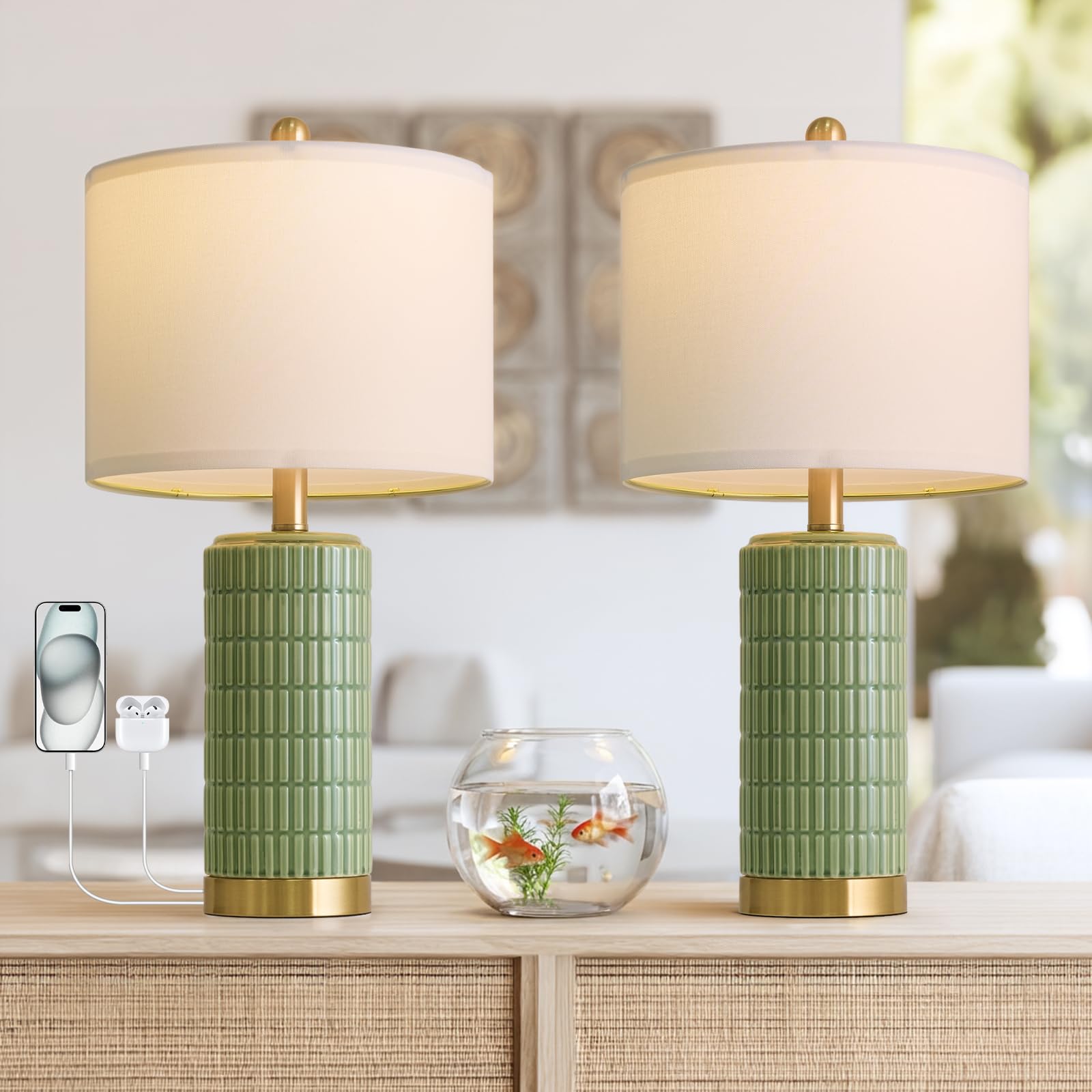 PoKat Bedside Table Lamps Set of 2 for Living Room with 2 USB Ports  21.5 Small Modern Nightstand Lamps for Bedroom  Ceramic Side Table Lamps with Gold Base for Office Entryway Decor Gift (Green)
