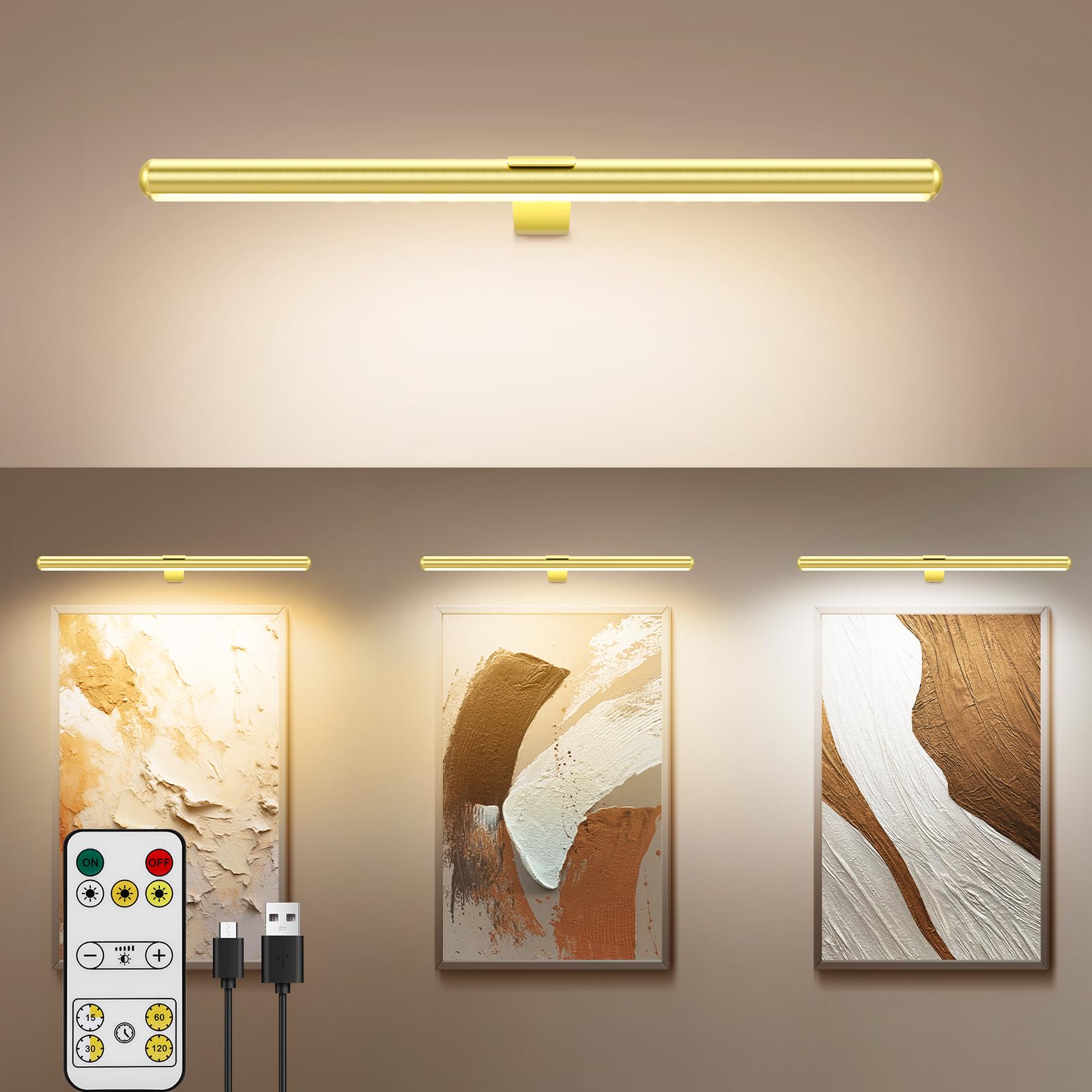 TINTINDOC 22'' Picture Light Gold for Painting with 3 Lighting,Rechargeable Wall Art Light for Painting Brightness Dimmable,Batt