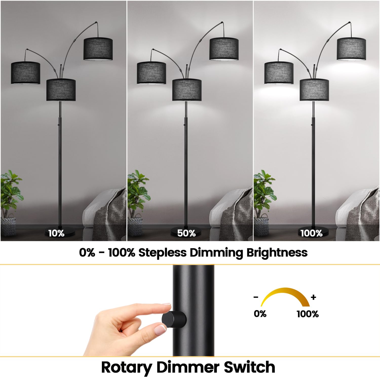 Dimmable Floor Lamp - 3 Lights Arc Floor Lamps For Living Room, 1000Lm Modern Tall Standing Lamp With Black Shades & Heavy Base,