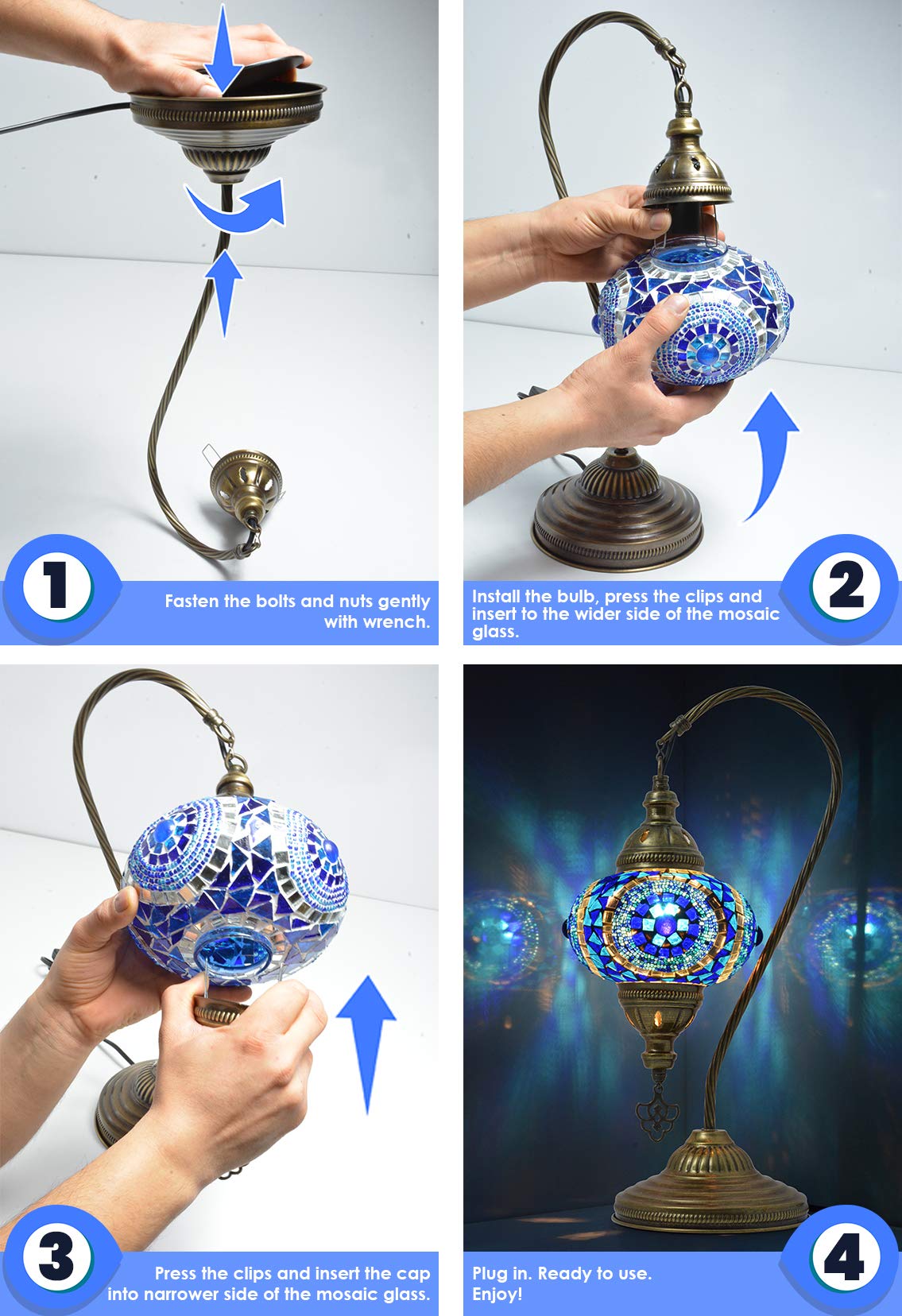 Mozaist Turkish Swan Neck Mosaic Table Lamp - Antique Bohemian Glass Shade, E12, Us Plug