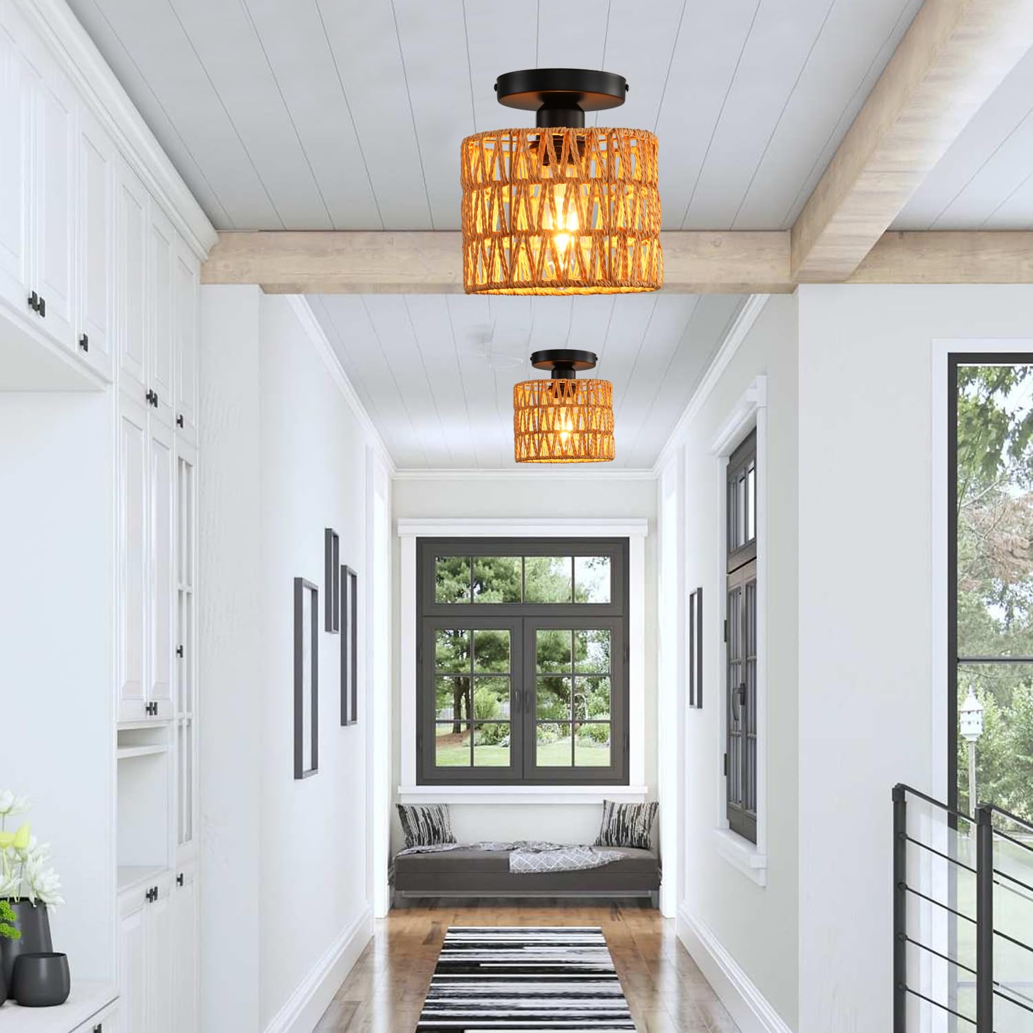 KENMI Ceiling Light Fixture, Hand-Woven Rattan Flush Mount, Brown, 1 Pack, Metal, Model C1