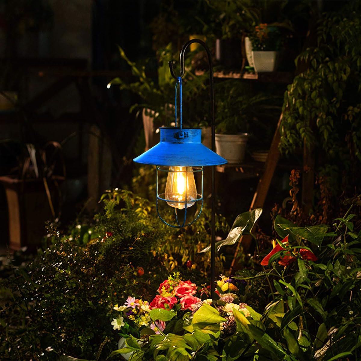 2 Pack Hanging Solar Lantern Lights With Shepherd Hook, Metal Waterproof Warm White Edison Bulb Lights For Garden Outdoor Pathwa