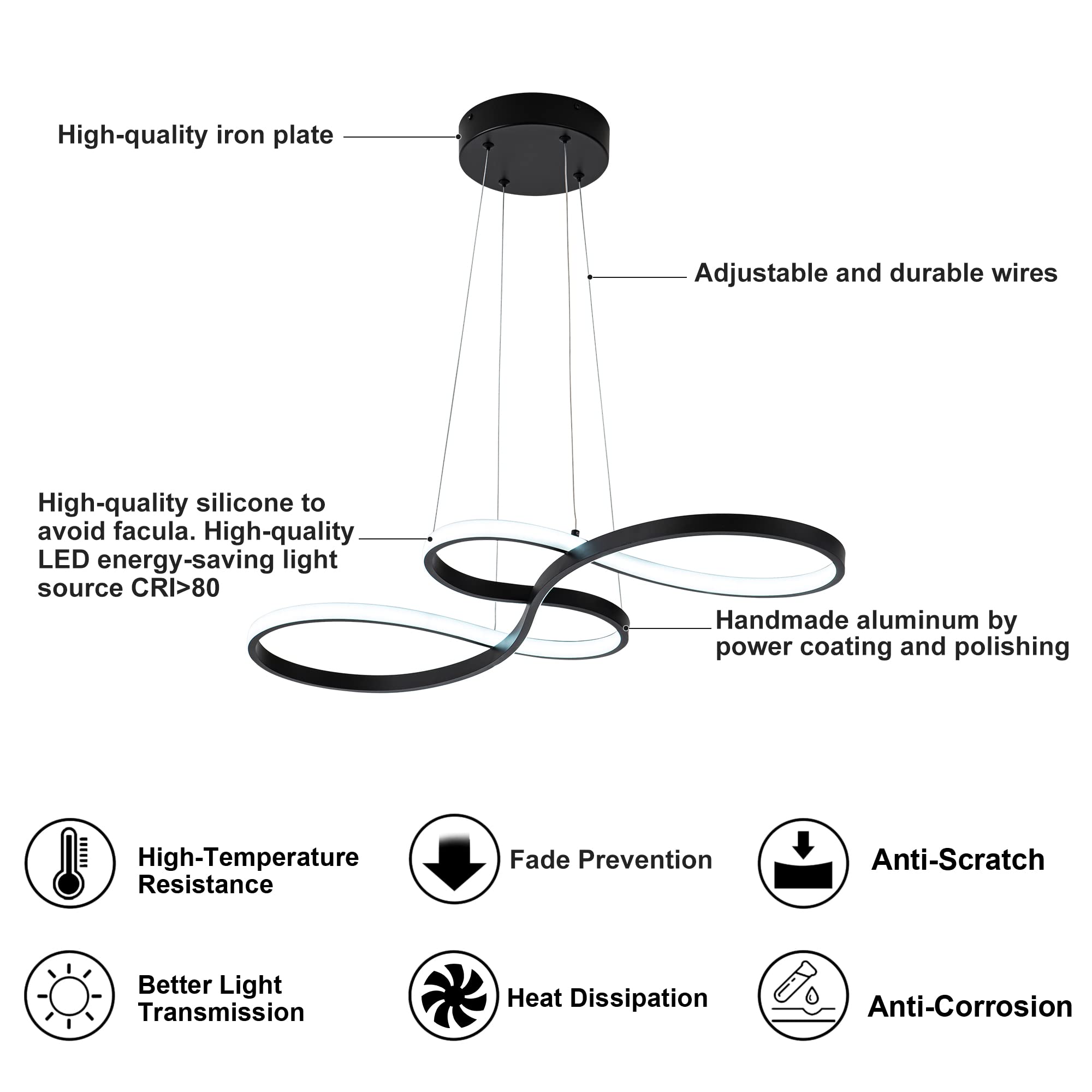 SUNMOO Modern LED Chandelier Pendant Light 50W Dimmable Adjustable 3000-6000K Black, Model PL21-WGDD-60W-26 for Dining Room, Living