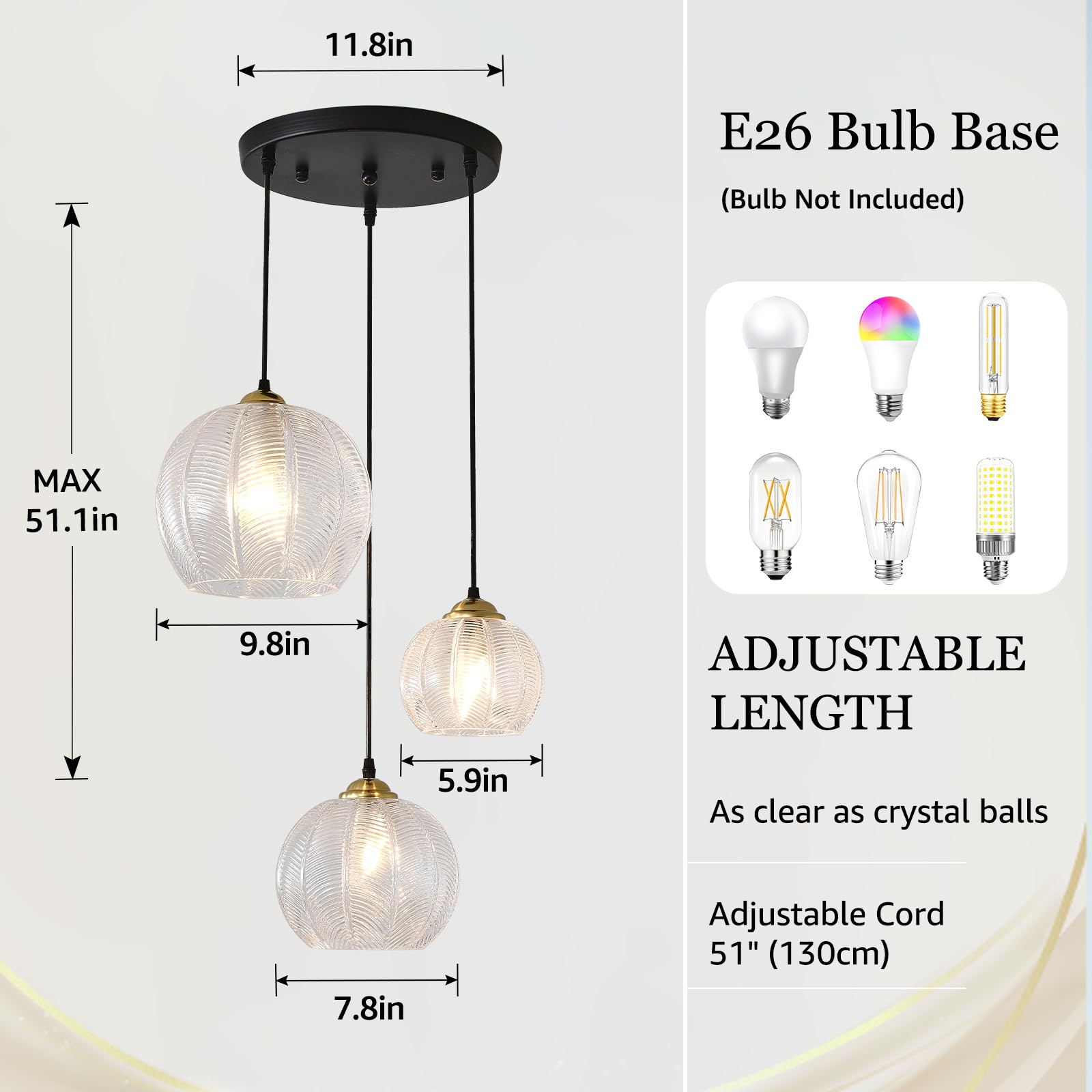 Testoys 3-Light Clear Glass Pendant Light, Globe Shade Hanging Chandelier, Hand Blown Glass Ball Pendant Light Fixtures For Kitc