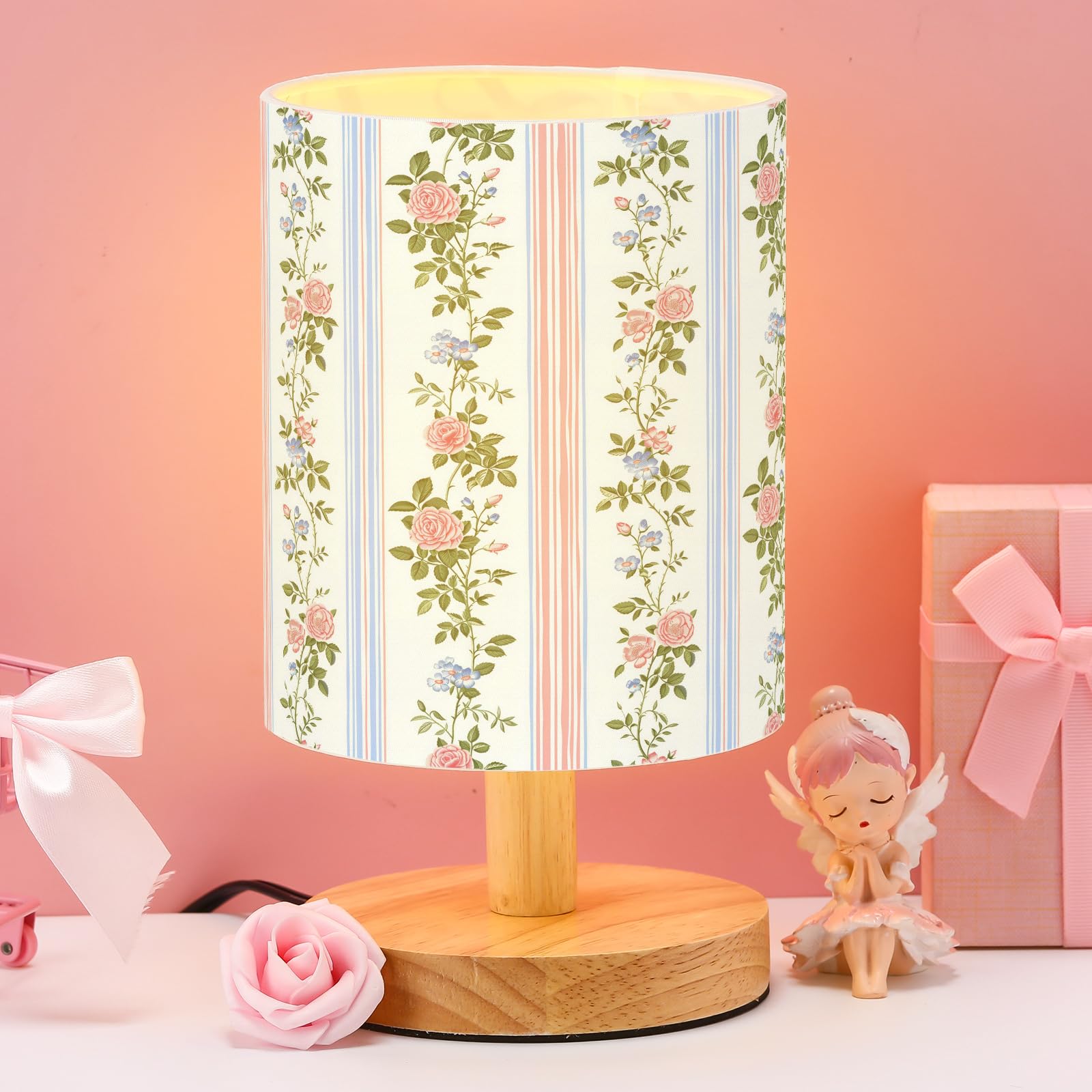 VIHOSE Pink Floral Kids Table Lamp for Bedroom Kids Bedside Lamp with Linen Wooden Nightstand Cartoon Nursery Lampshade for Girl