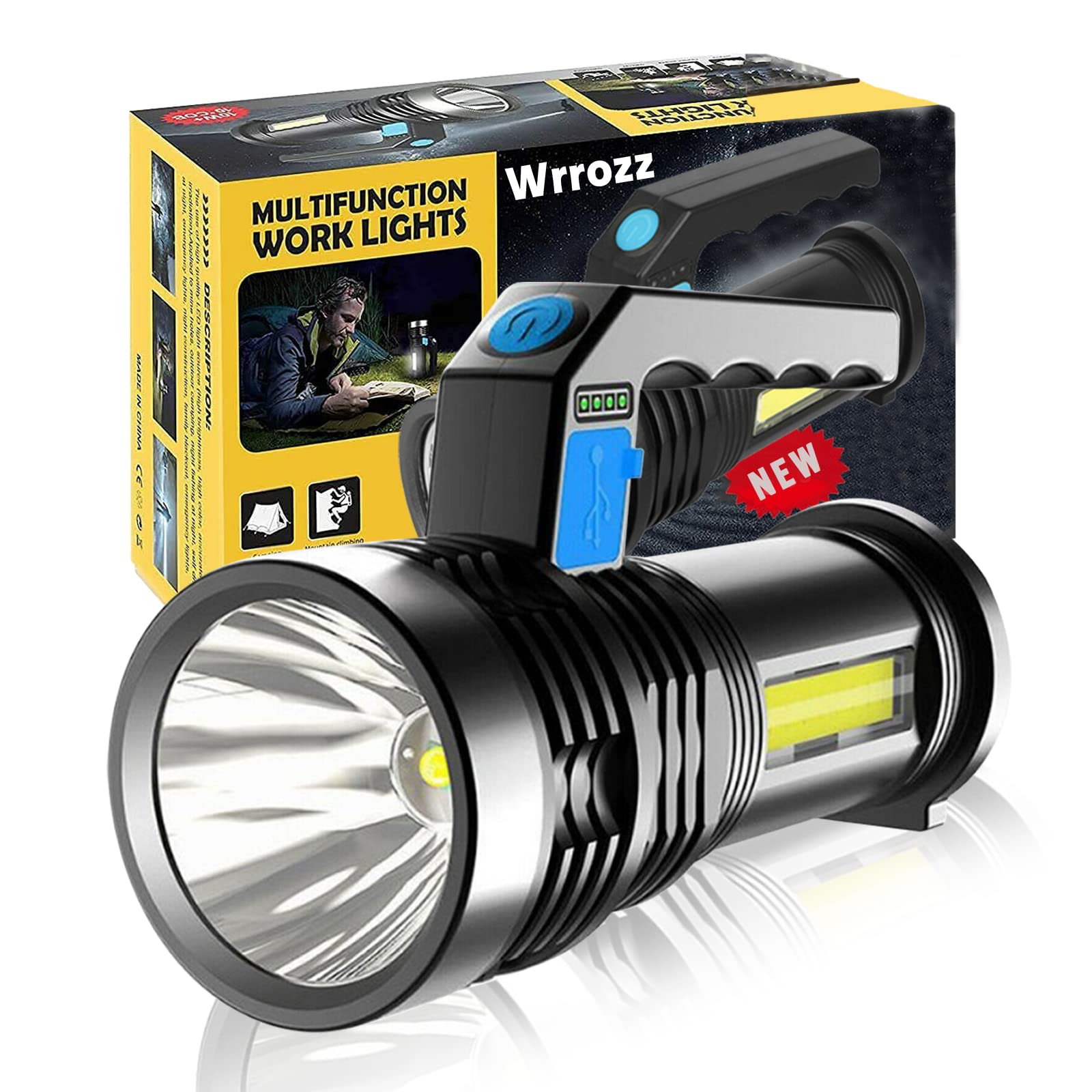 Wrrozz LED Flashlight High Lumens USB Rechargeable Flashlight for Camping, Hiking, Walking, Powerful Emergency Flashlight with 4