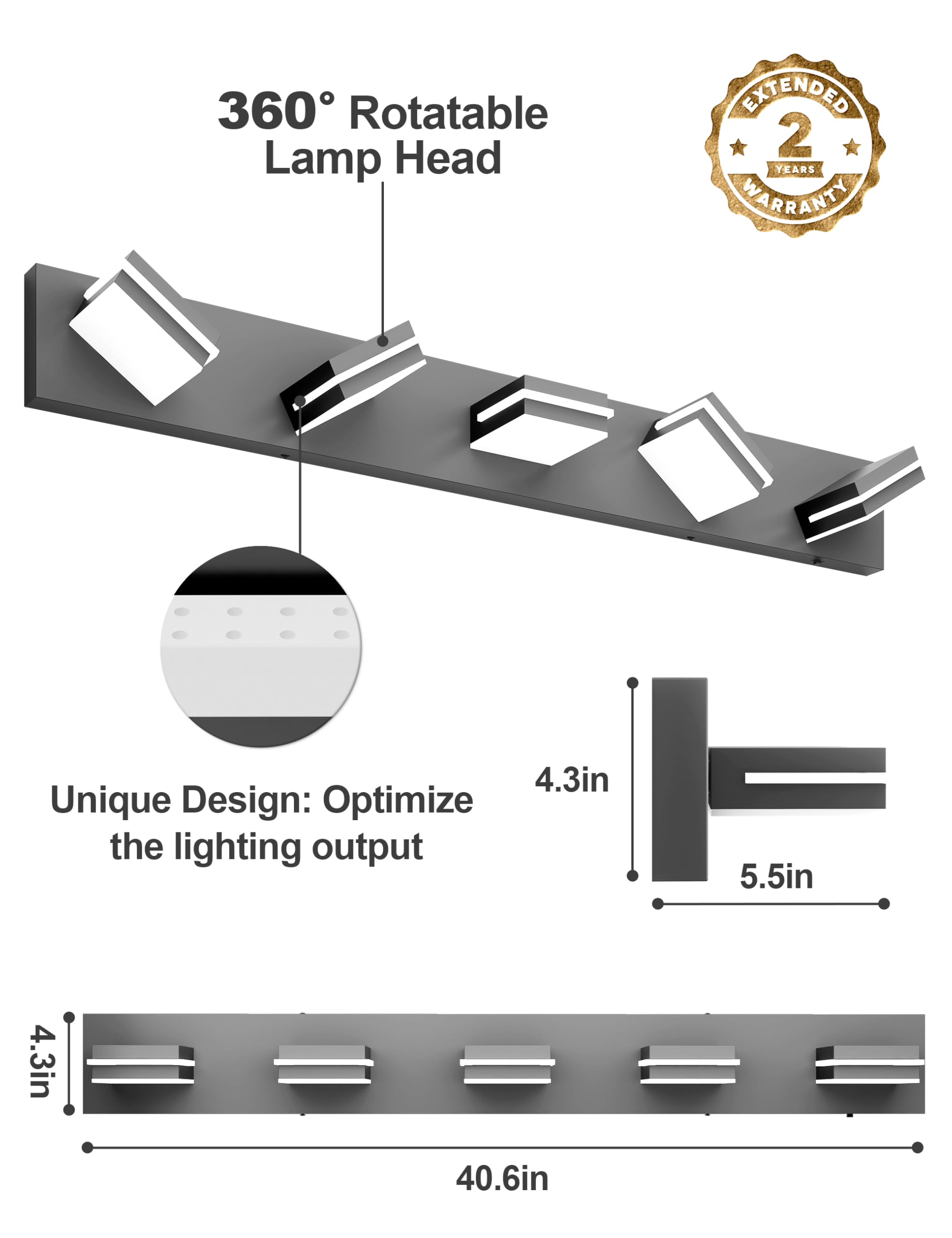 VOLISUN 5-Light Bathroom Vanity Light Fixture, 40-Inch, Black LED, 360° Rotatable, Acrylic, Model 9553F, 6000K