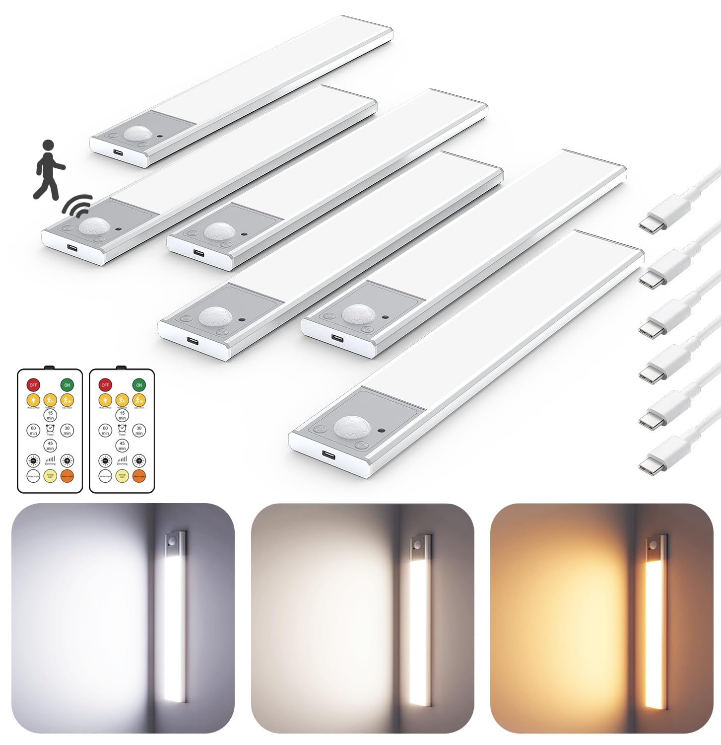Skairipa 8in Ultra-Thin Wireless Under Cabinet Lighting, Aluminum, Rechargeable, Motion Sensor, 6 Pack, Silver, Model SN00208